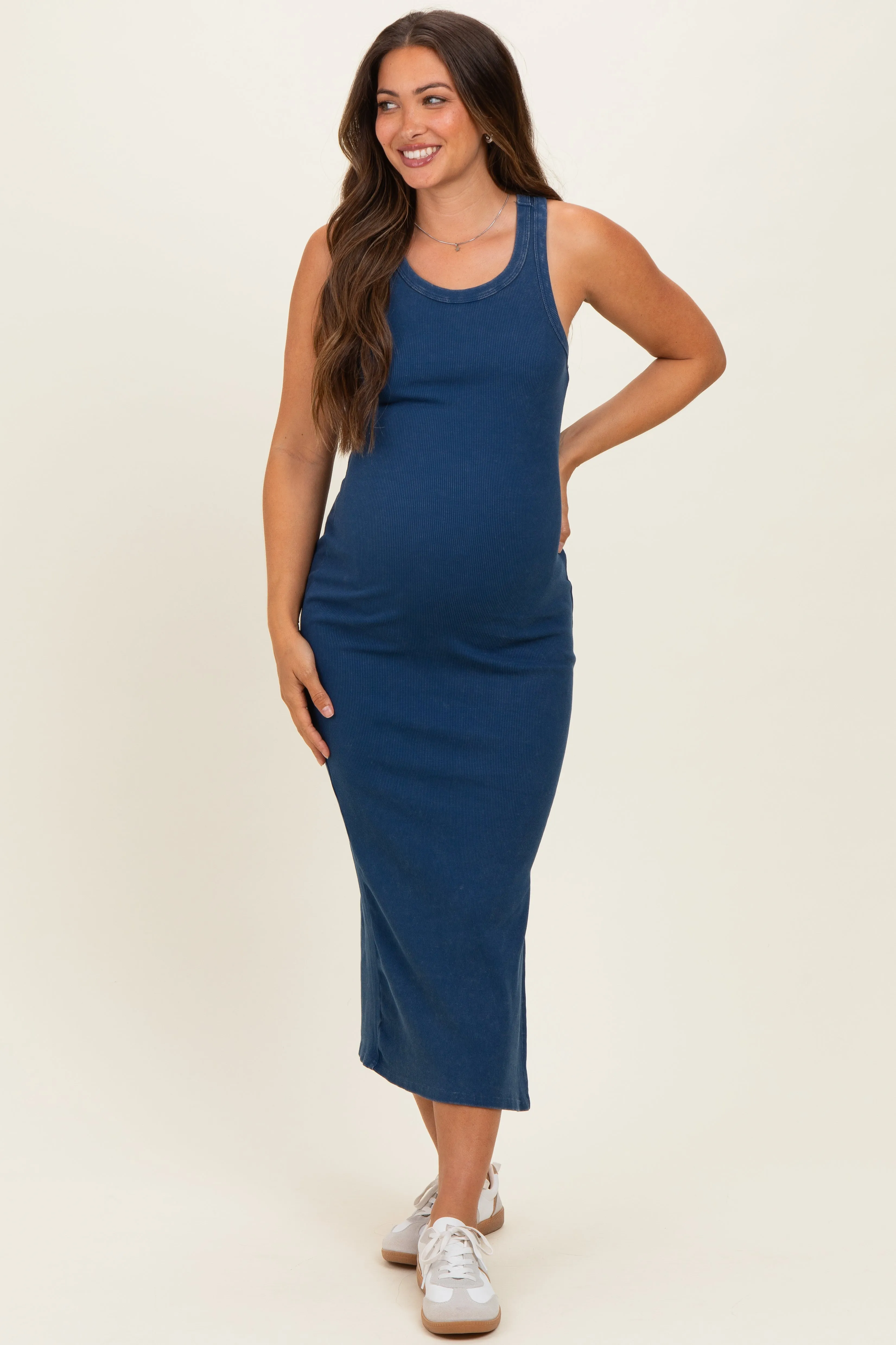 Navy Acid Washed Ribbed Maternity Midi Tank Dress sold by Pinkblush