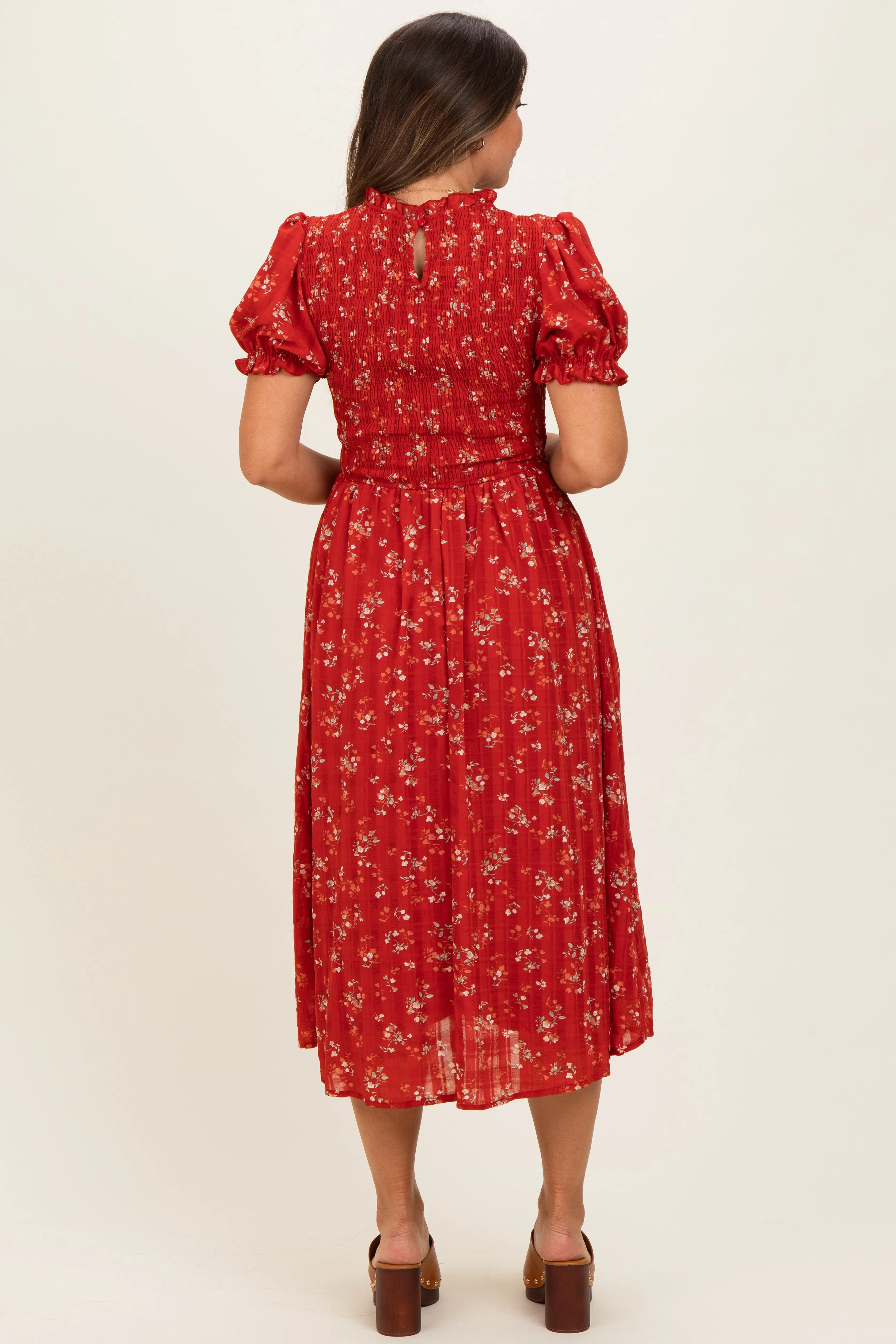 Red Floral Smocked Maternity Midi Dress sold by Pinkblush product image thumbnail 3