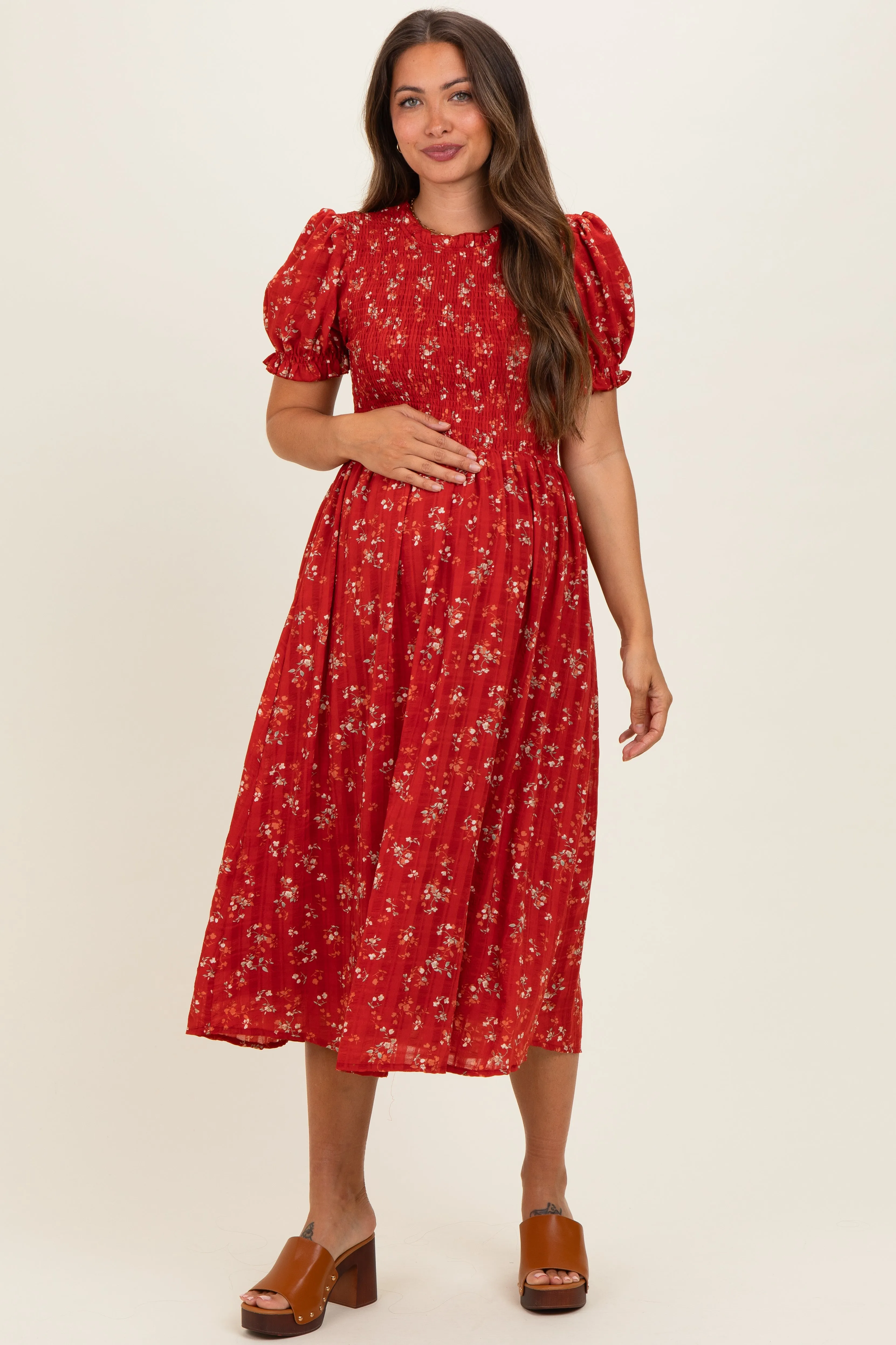 Red Floral Smocked Maternity Midi Dress sold by Pinkblush