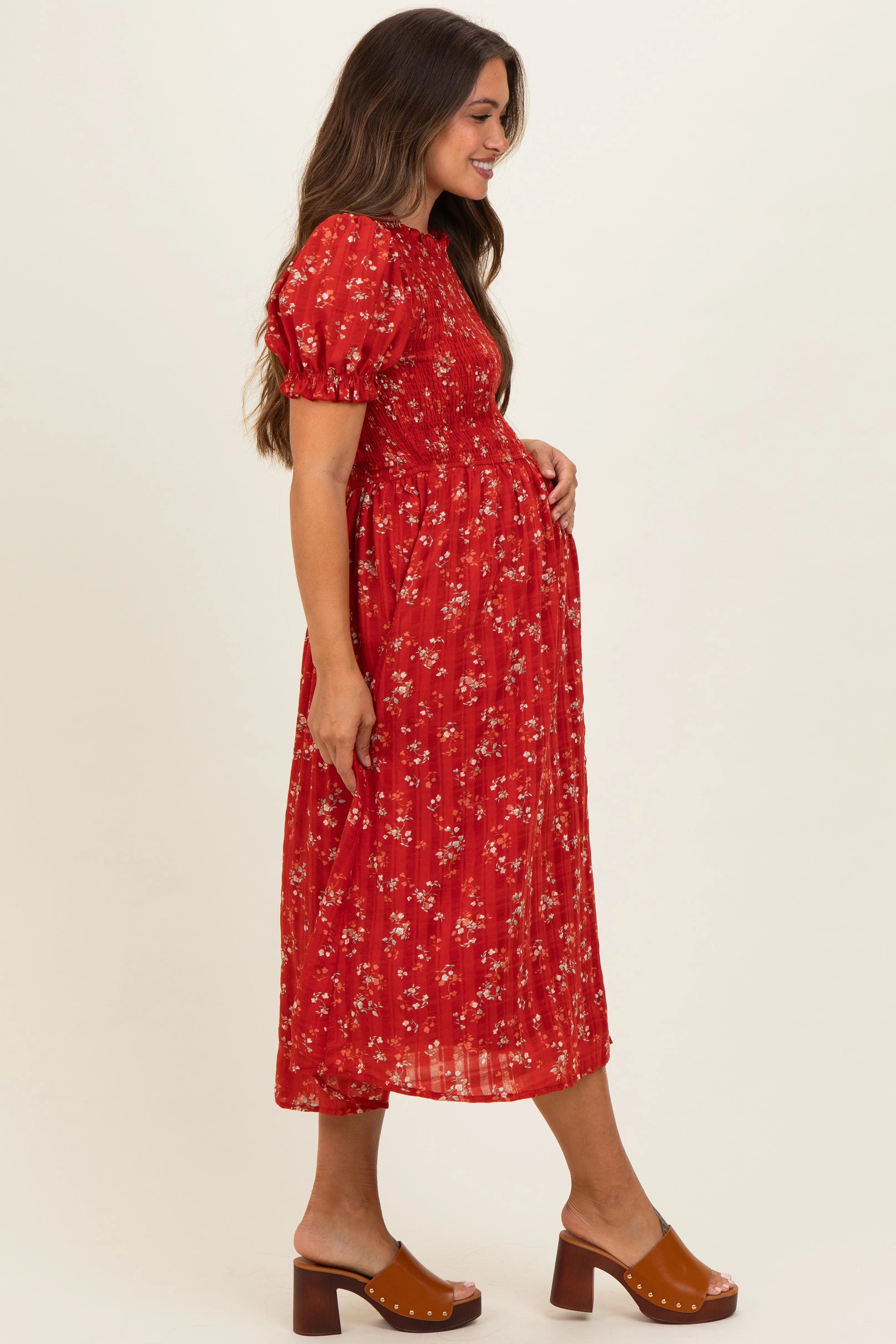 Red Floral Smocked Maternity Midi Dress sold by Pinkblush product image thumbnail 2