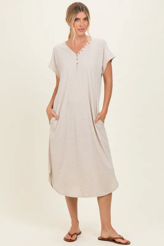 Grey Striped Button Detail Midi Dress made by Polagram