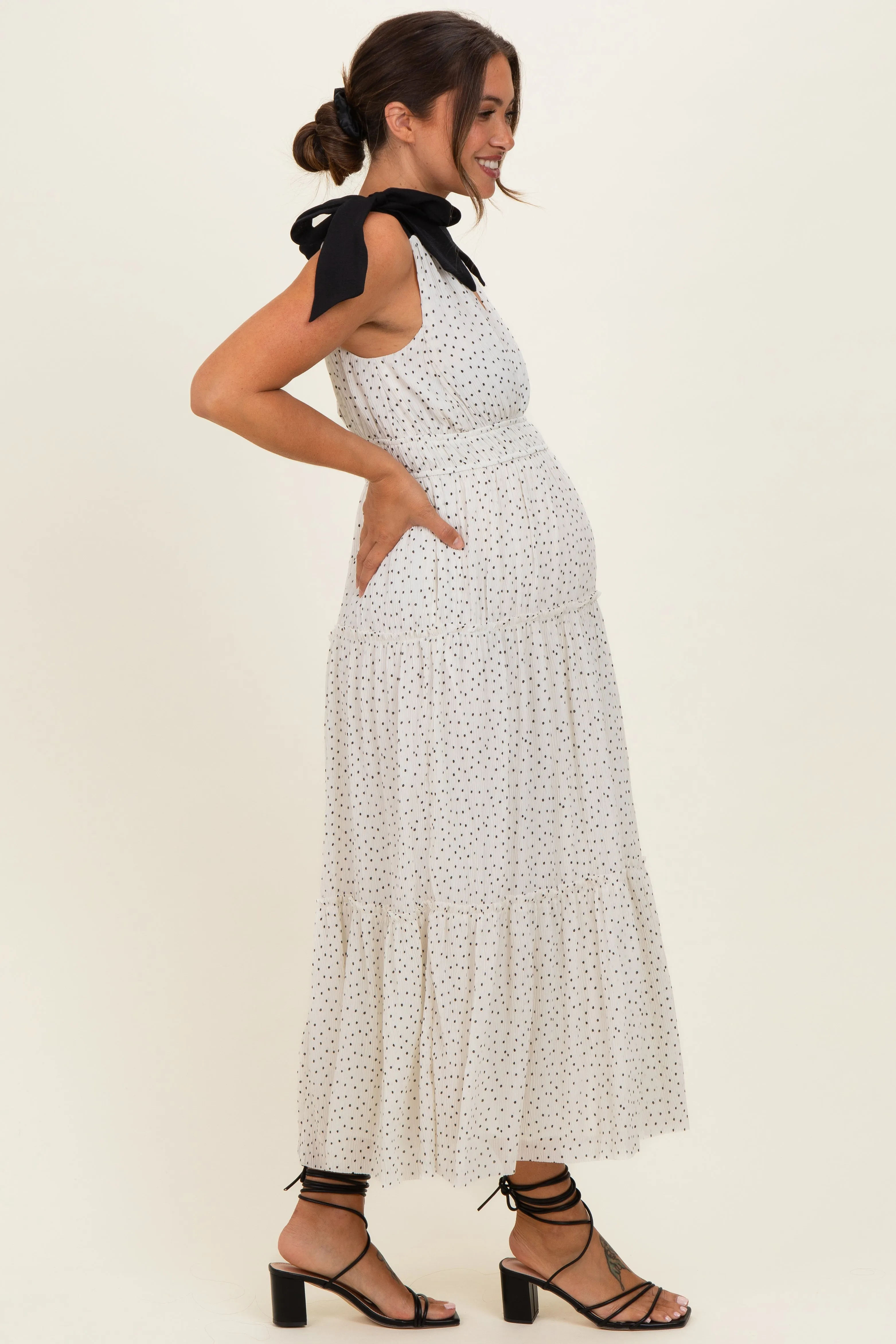 White Polka Dot Shoulder Tie Maternity Dress sold by Pinkblush product image thumbnail 3