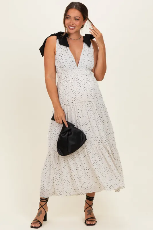 White Polka Dot Shoulder Tie Maternity Dress made by Storia