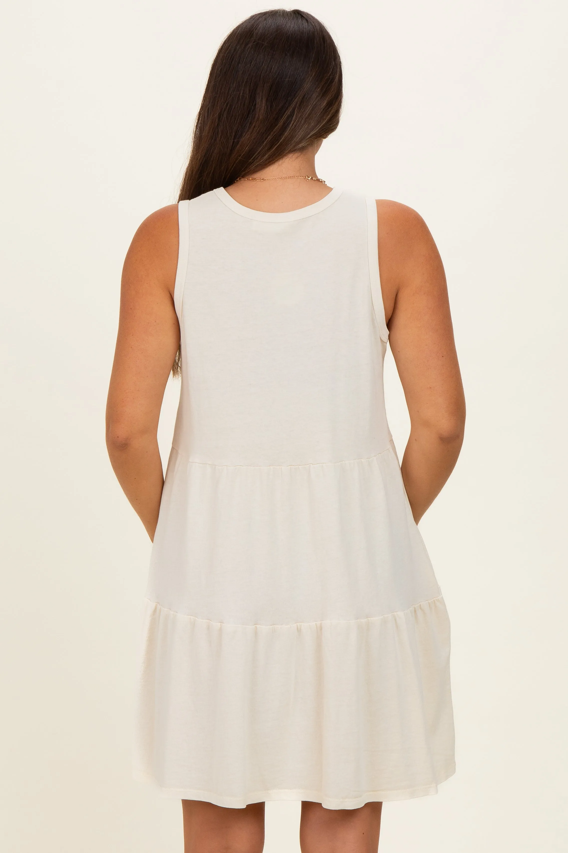 Cream Sleeveless Crewneck Tiered Maternity Mini Dress sold by Pinkblush product image thumbnail 4