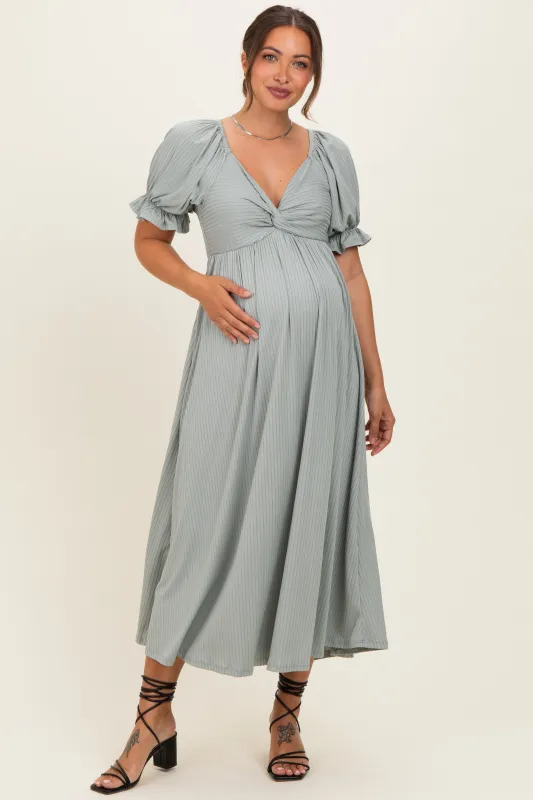 Green Ribbed Short Sleeve Empire Waist V-Neck Maternity Maxi Dress made by Pinkblush