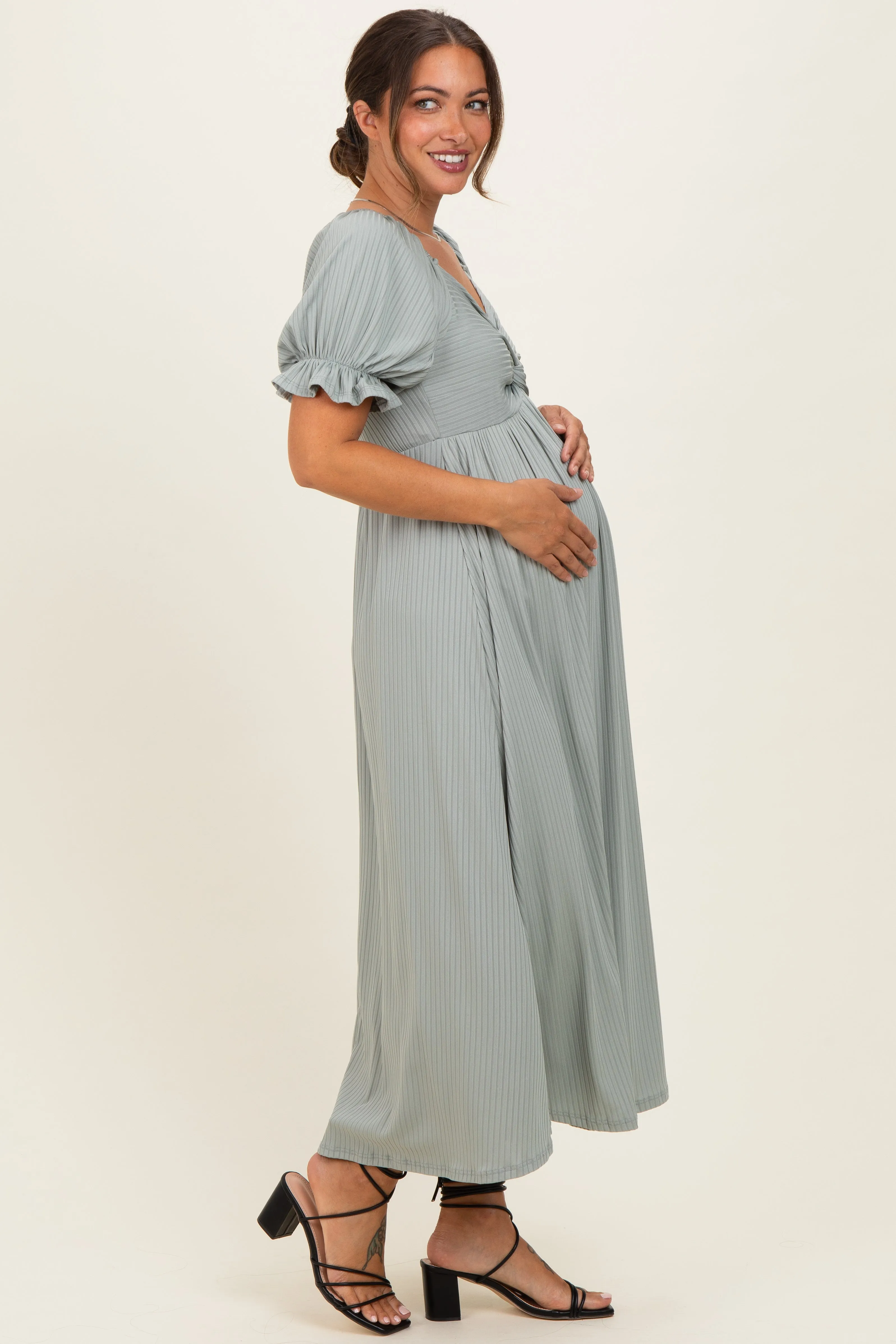 Green Ribbed Short Sleeve Empire Waist V-Neck Maternity Maxi Dress sold by Pinkblush product image thumbnail 2