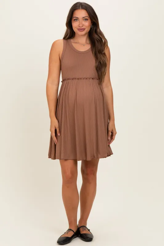 Mocha Ribbed Sleeveless Lettuce Trim Maternity Mini Dress made by Pinkblush