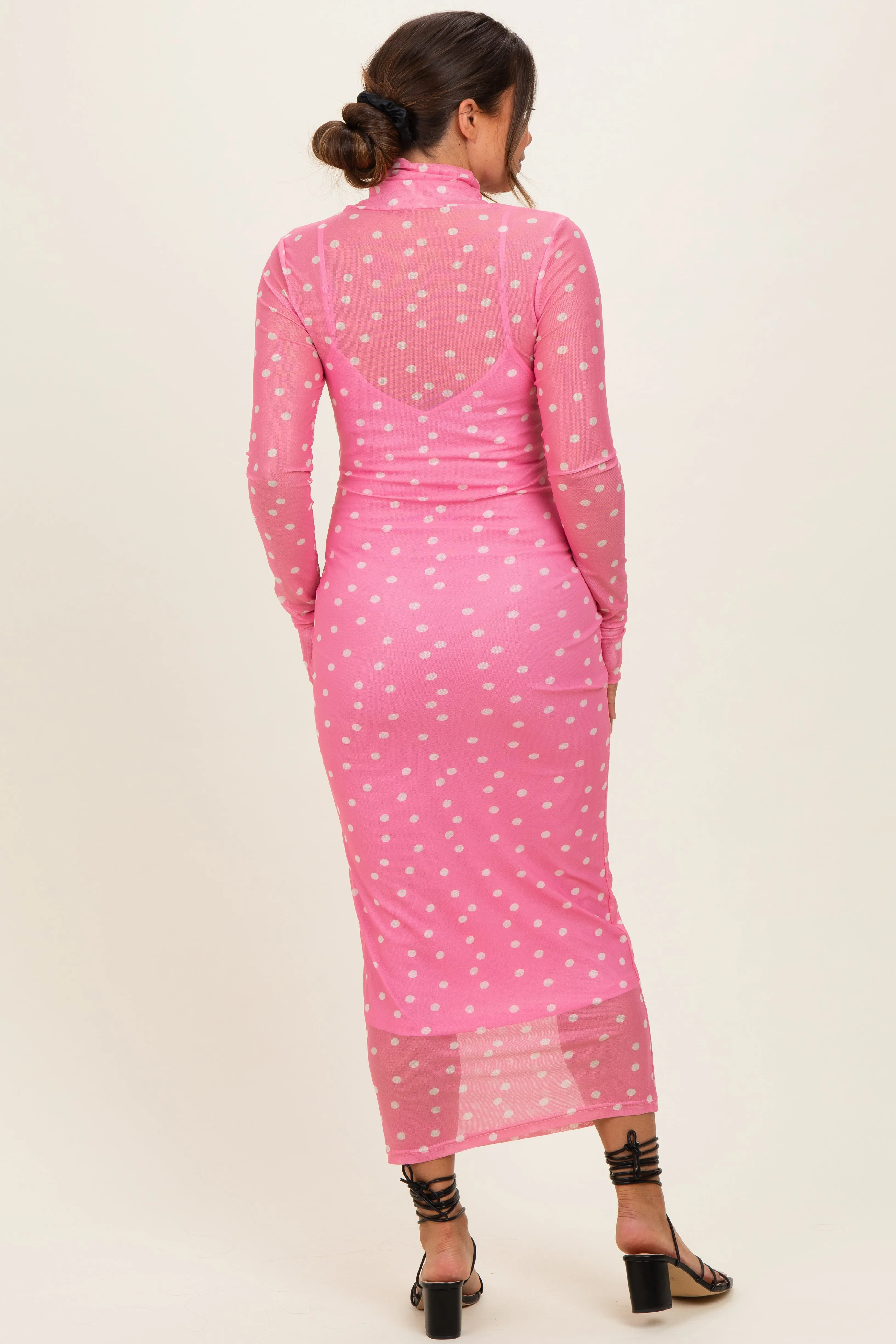 Pink Polka Dot Mesh Overlay Maternity Midi Dress sold by Pinkblush product image thumbnail 3