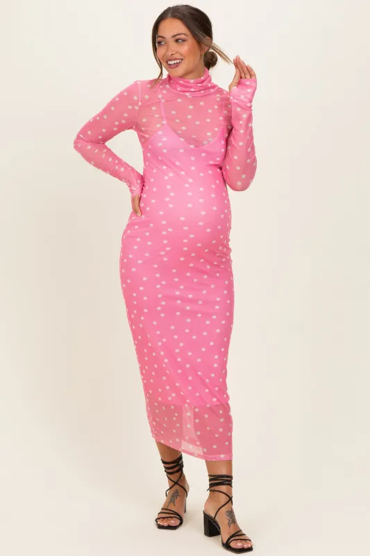 Pink Polka Dot Mesh Overlay Maternity Midi Dress made by Pinkblush