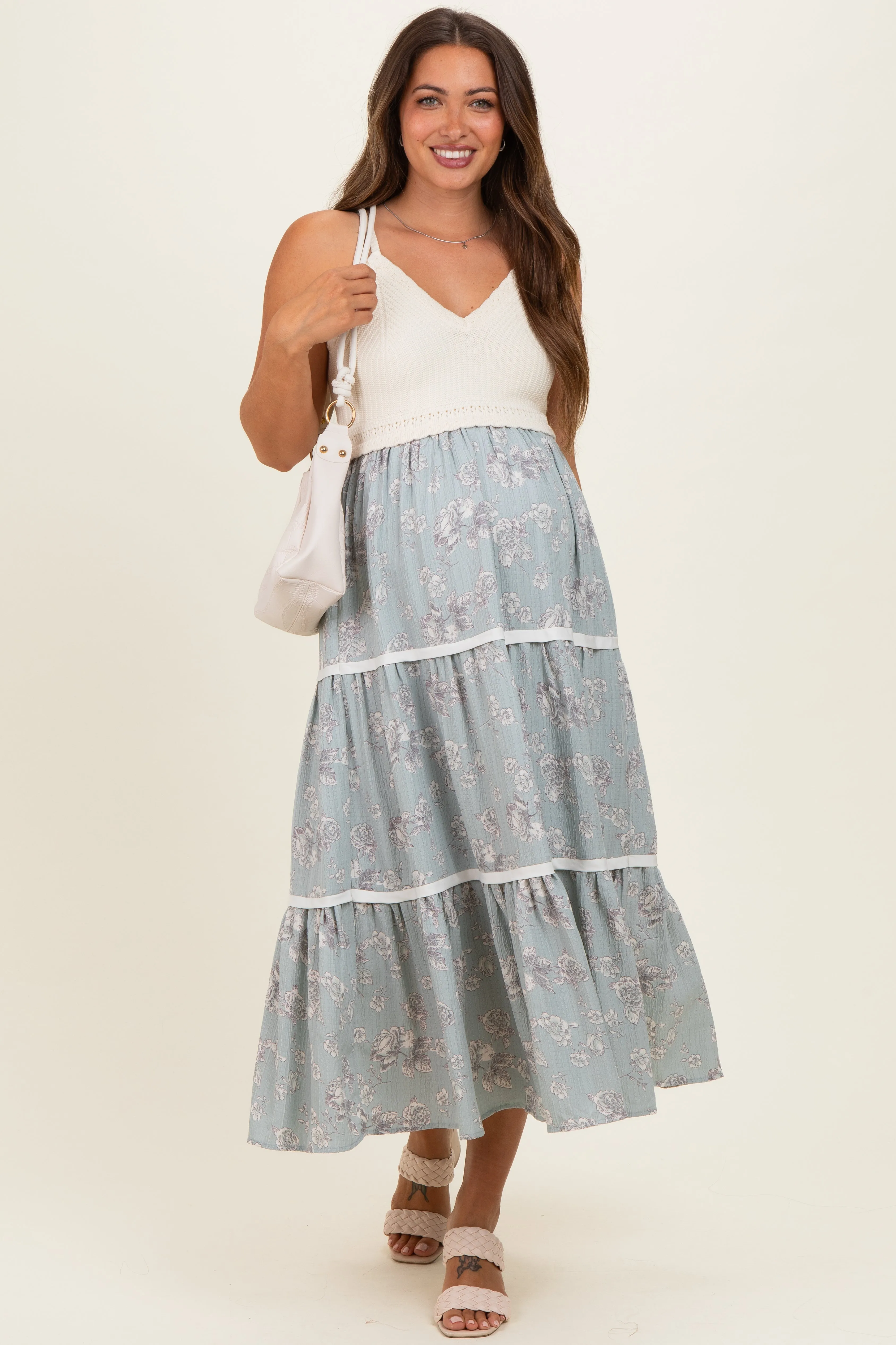 Dusty Mint Floral Crochet Knit Top Floral Skirt Maternity Dress sold by Pinkblush product image thumbnail 2