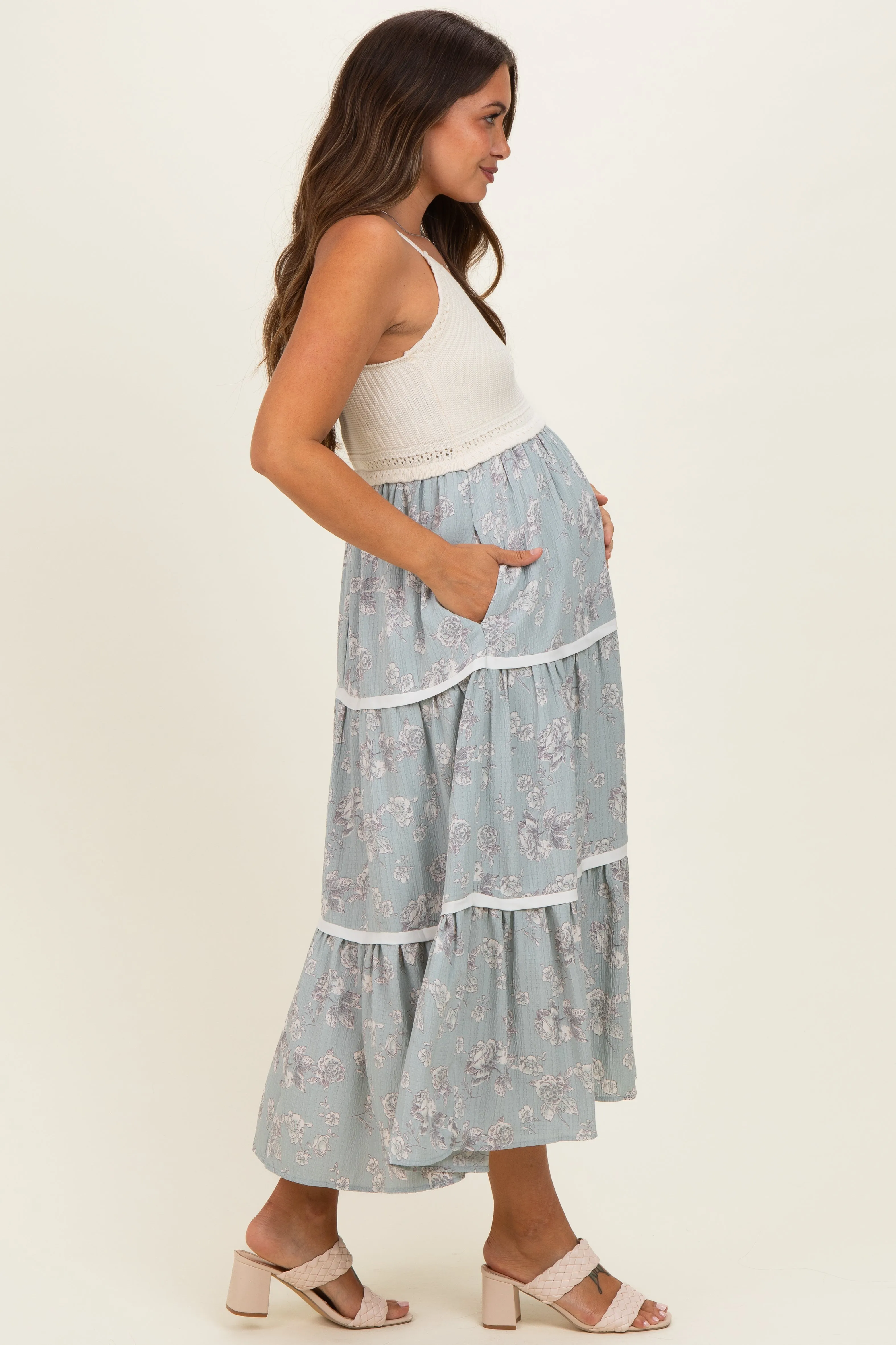 Dusty Mint Floral Crochet Knit Top Floral Skirt Maternity Dress sold by Pinkblush product image thumbnail 3
