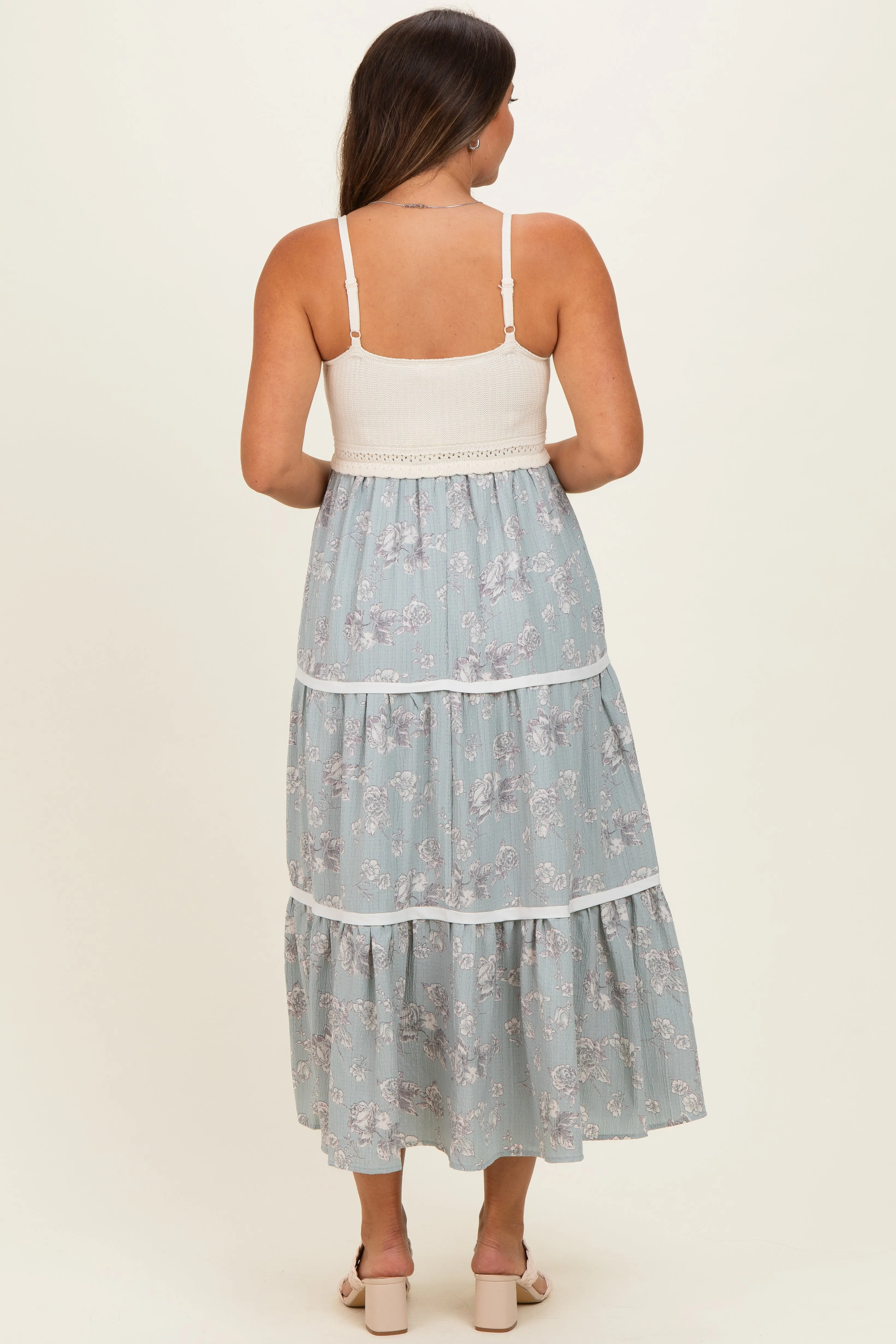 Dusty Mint Floral Crochet Knit Top Floral Skirt Maternity Dress sold by Pinkblush product image thumbnail 4