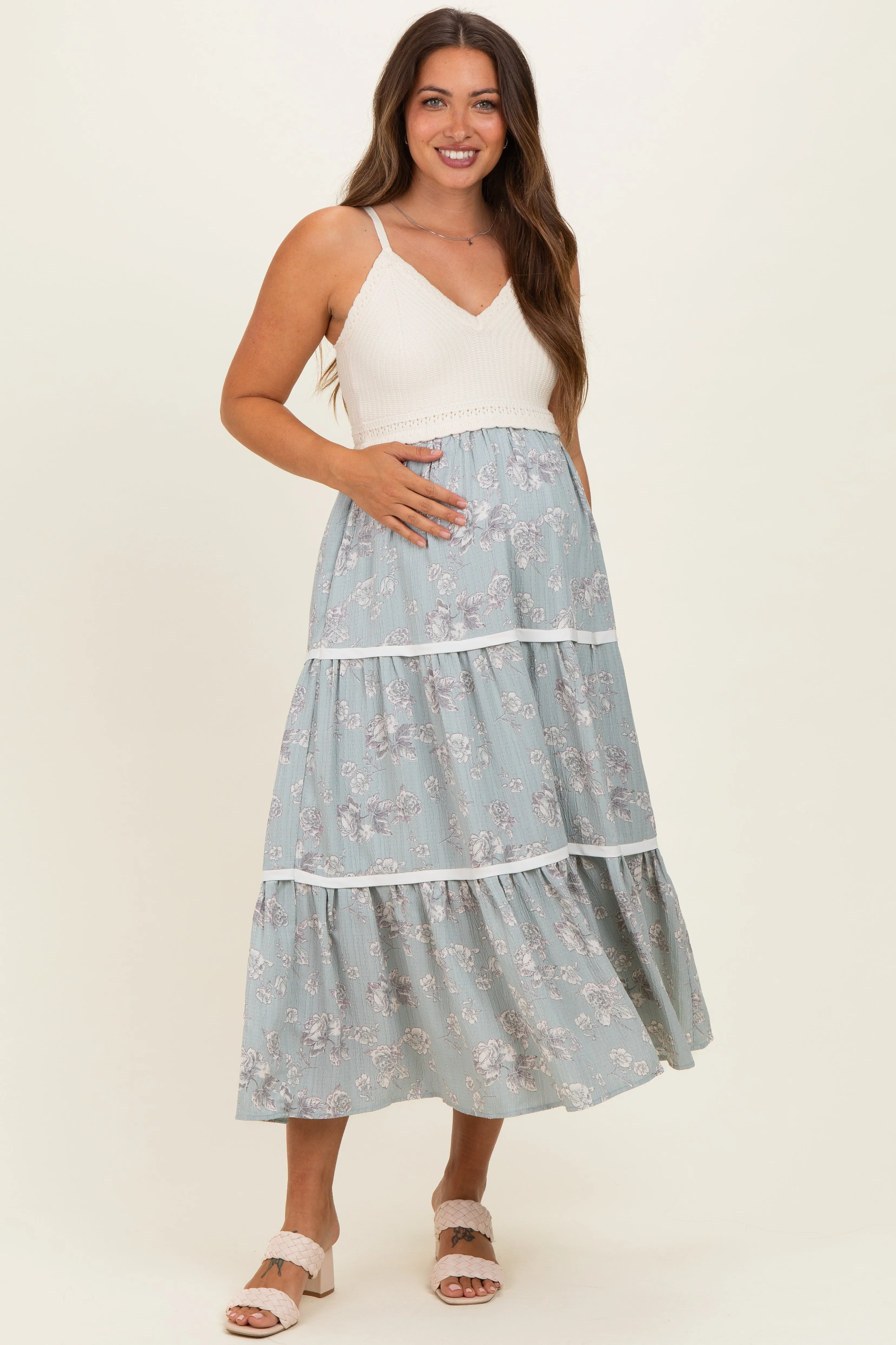 Dusty Mint Floral Crochet Knit Top Floral Skirt Maternity Dress sold by Pinkblush