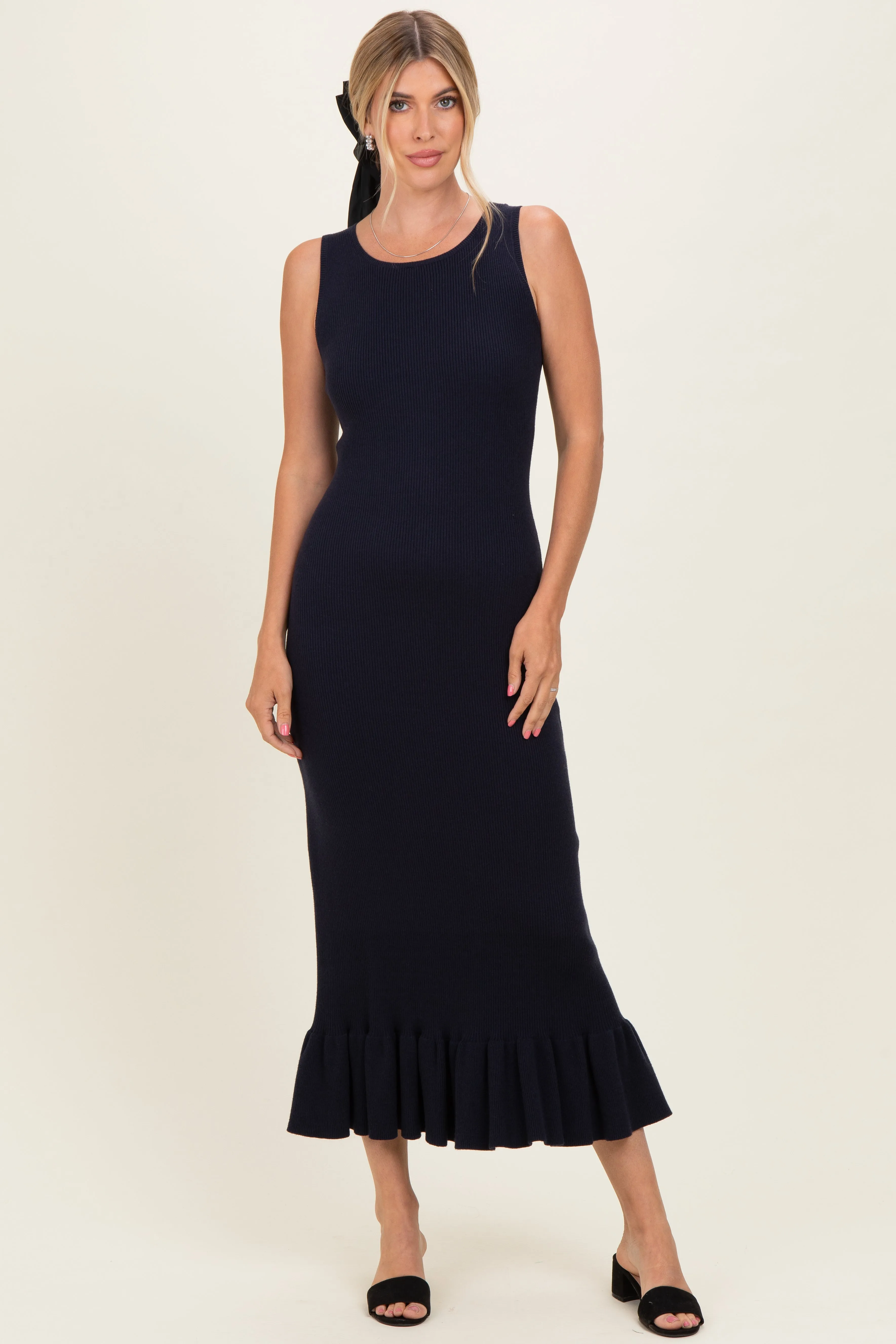 Navy Ribbed Knit Sleeveless Ruffle Hem Maxi Dress sold by Pinkblush