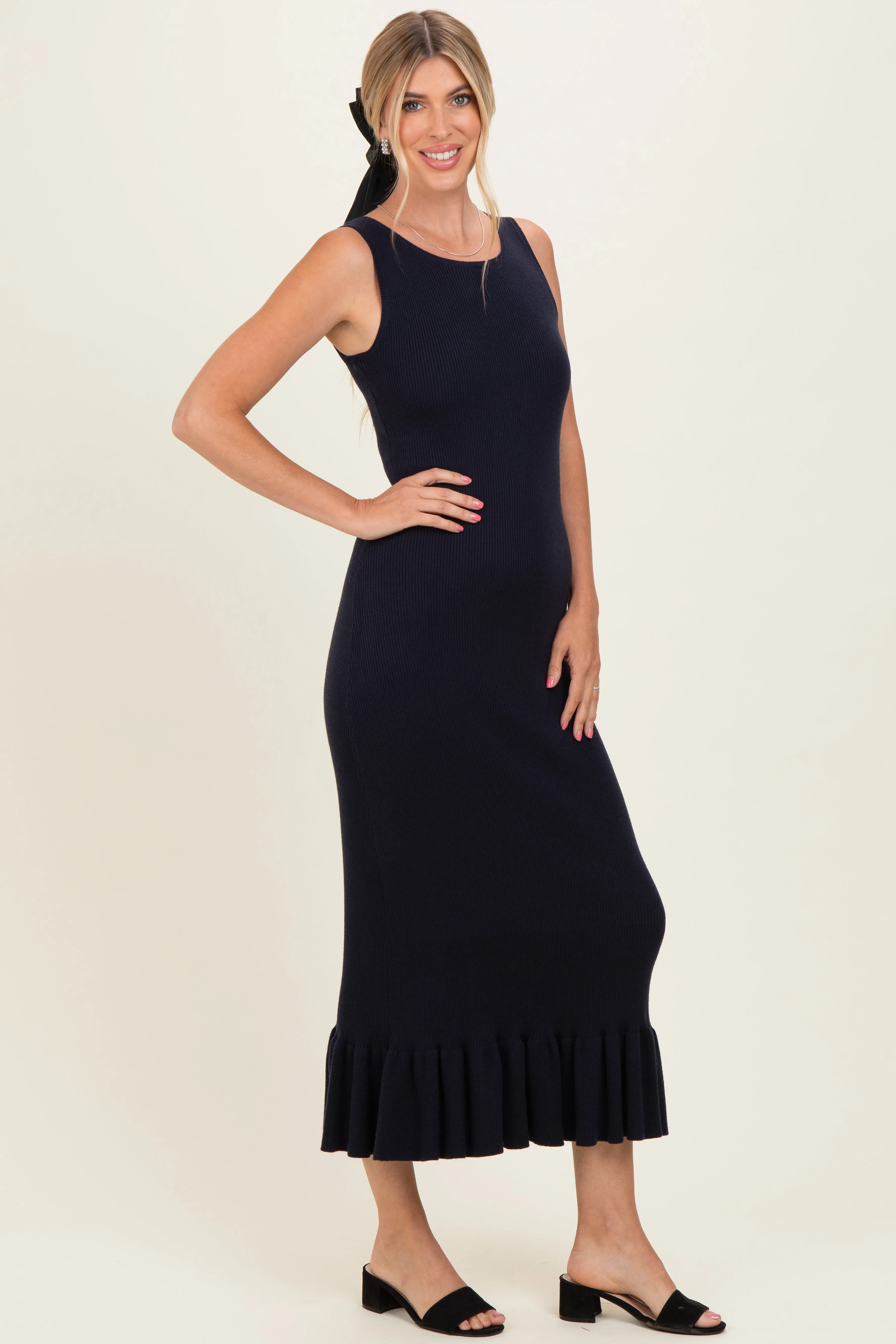 Navy Ribbed Knit Sleeveless Ruffle Hem Maxi Dress sold by Pinkblush product image thumbnail 2
