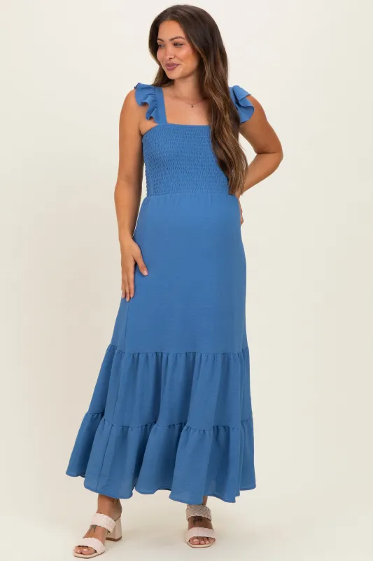 Blue Ruffle Strap Smocked Maternity Maxi Dress made by Pinkblush