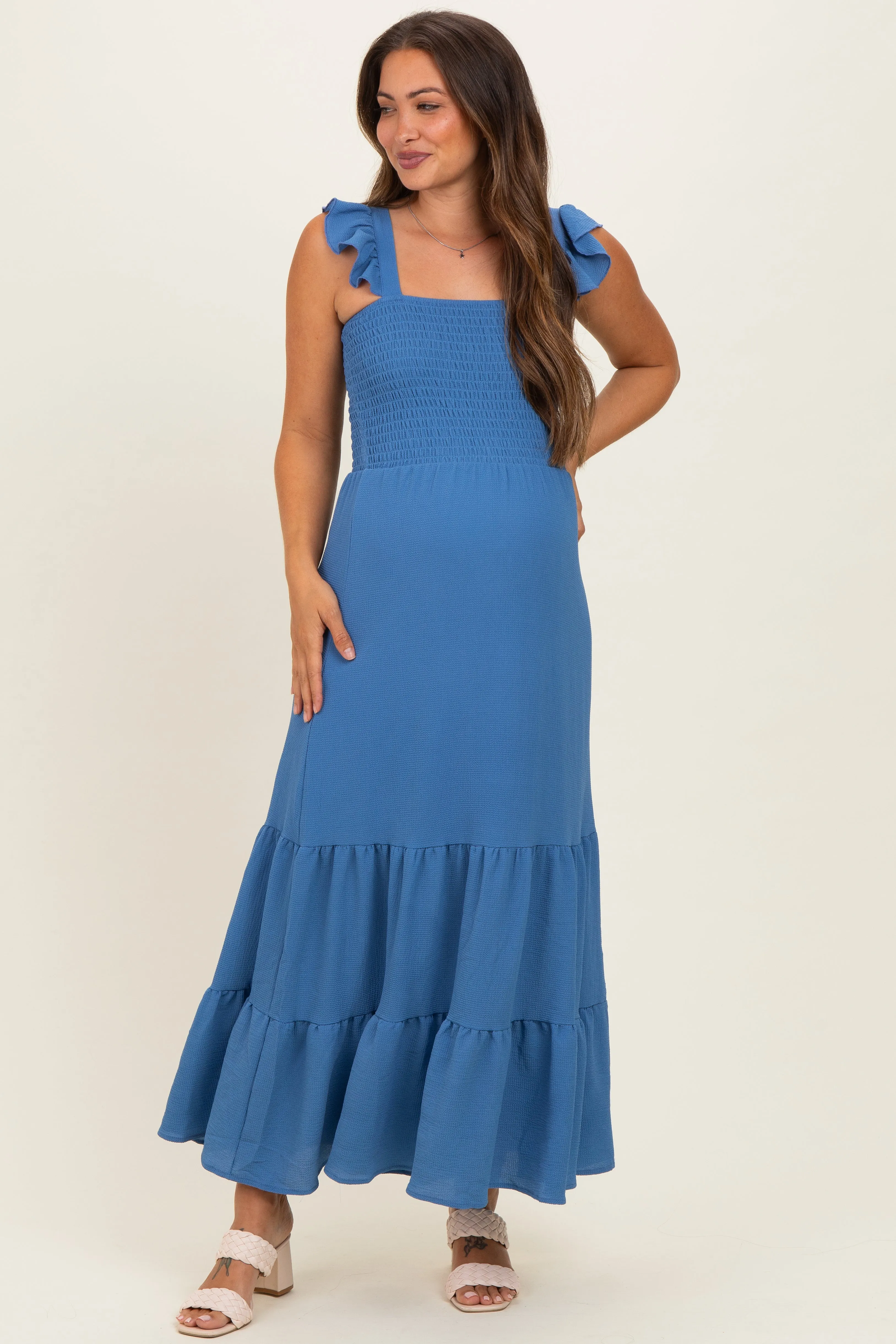 Blue Ruffle Strap Smocked Maternity Maxi Dress sold by Pinkblush