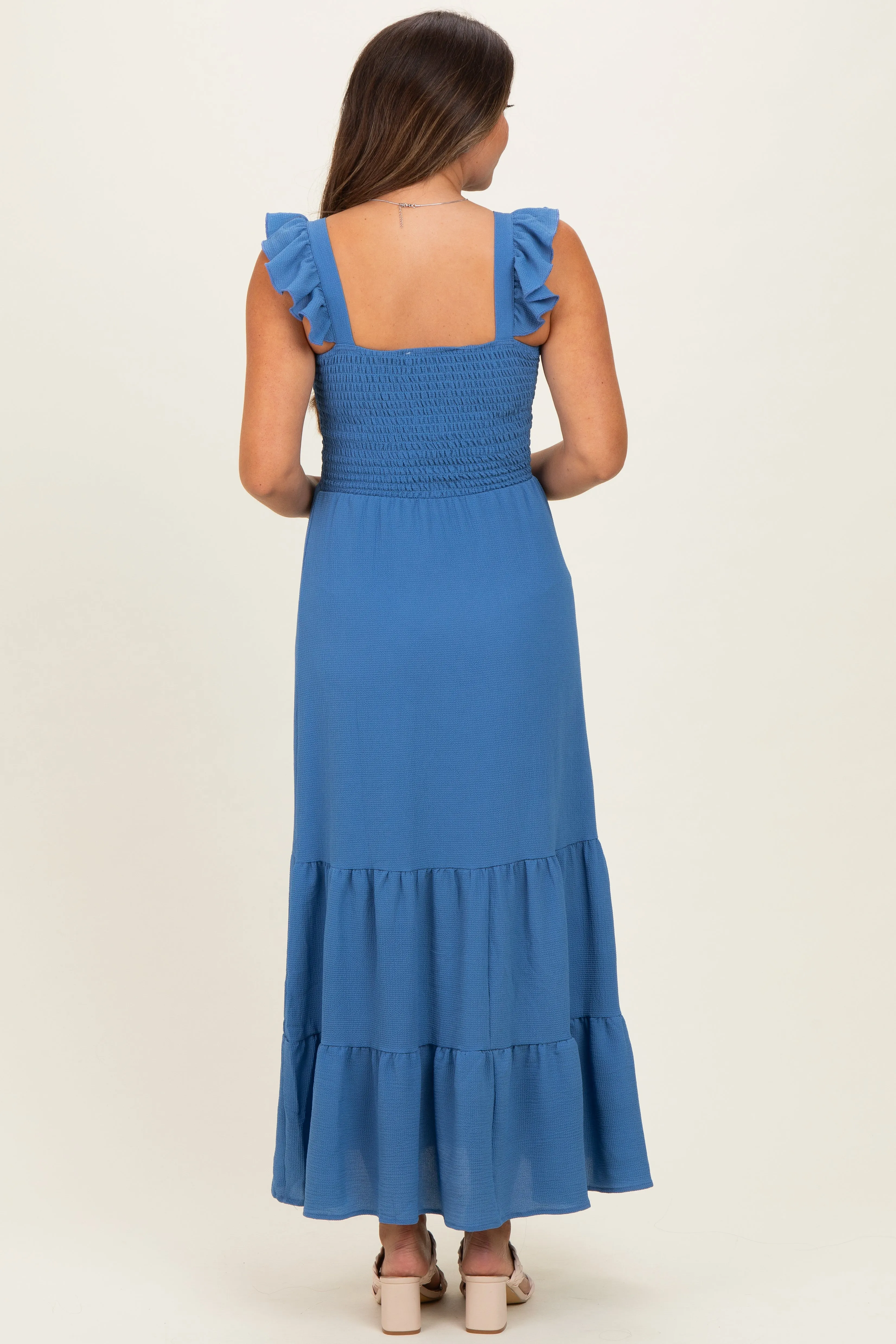 Blue Ruffle Strap Smocked Maternity Maxi Dress sold by Pinkblush product image thumbnail 3