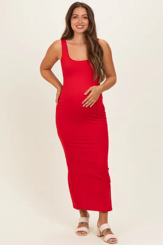 Red Low Back Square Neck Maternity Maxi Dress made by Pinkblush