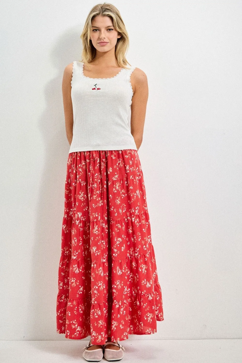 Red Floral Tiered Maxi Skirt sold by Pinkblush