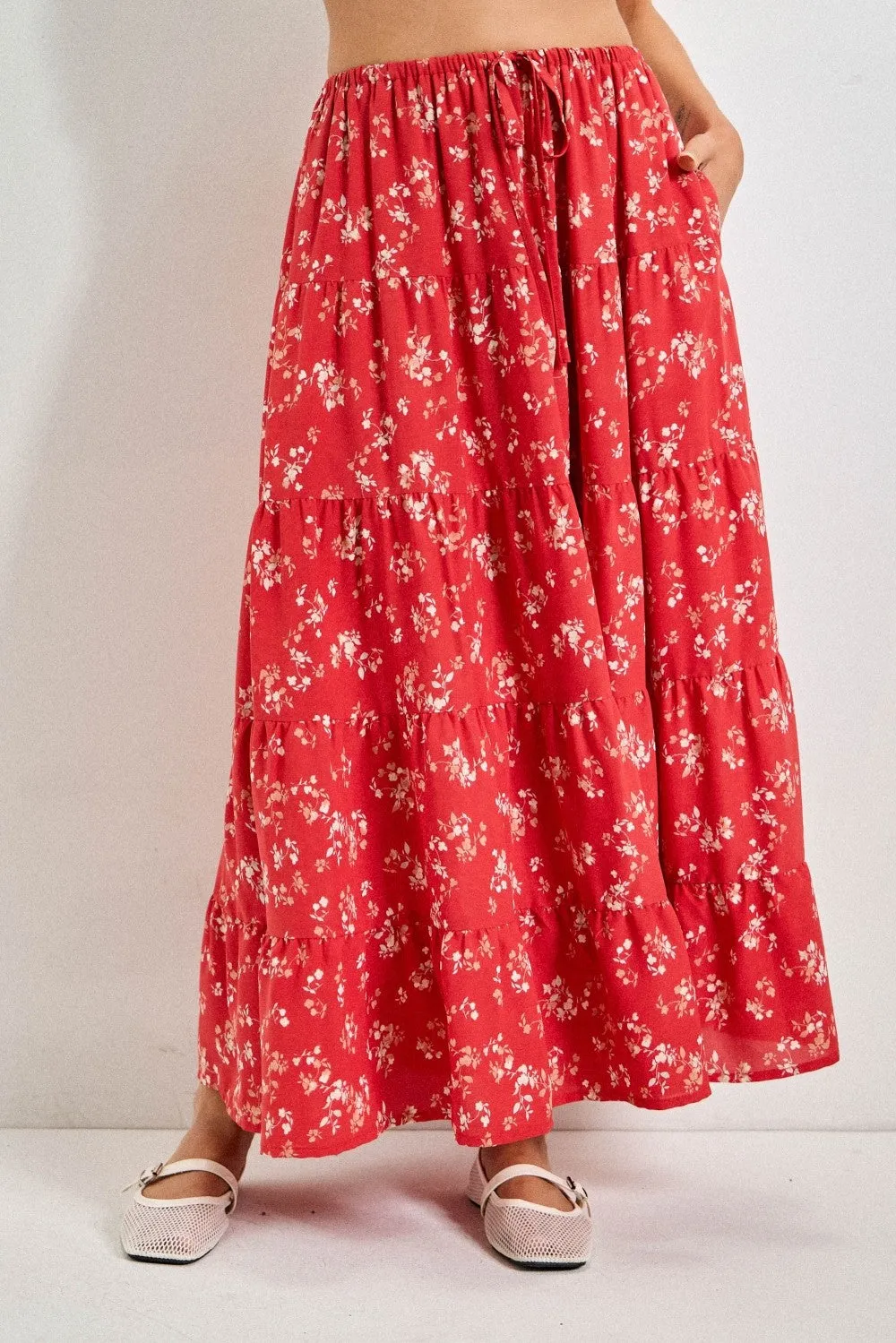 Red Floral Tiered Maxi Skirt sold by Pinkblush product image thumbnail 2