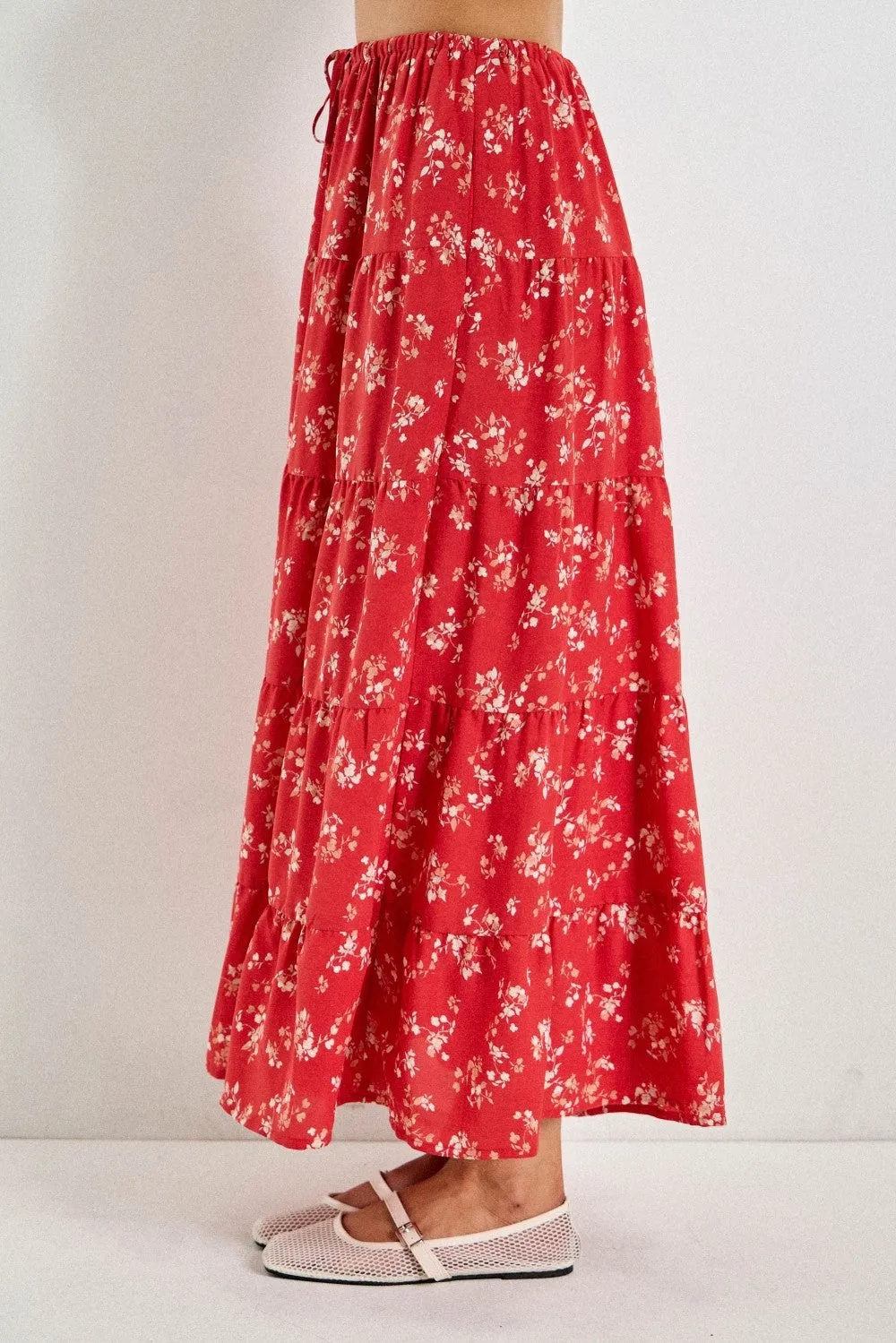 Red Floral Tiered Maxi Skirt sold by Pinkblush product image thumbnail 3