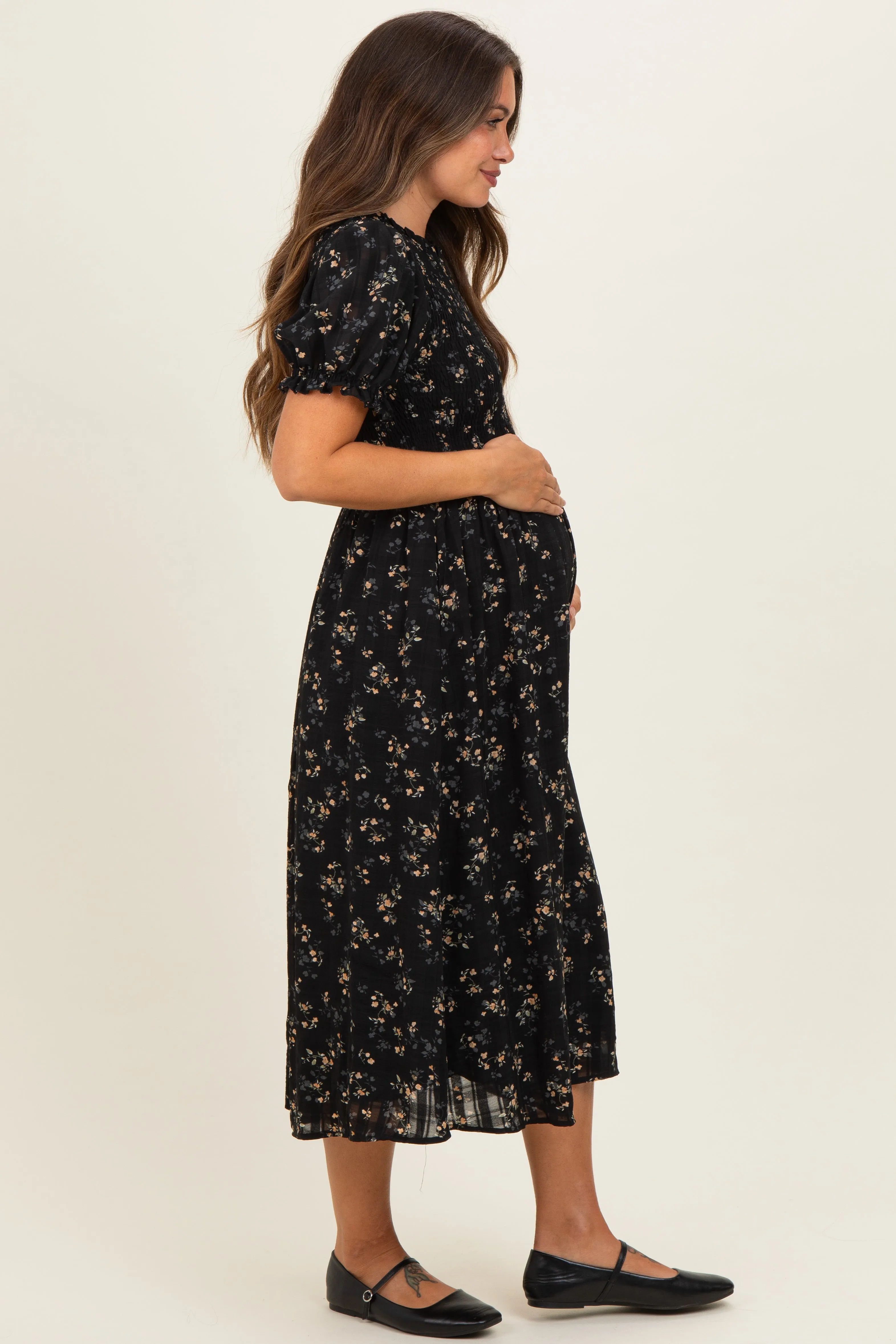 Black Floral Smocked Maternity Midi Dress sold by Pinkblush product image thumbnail 2