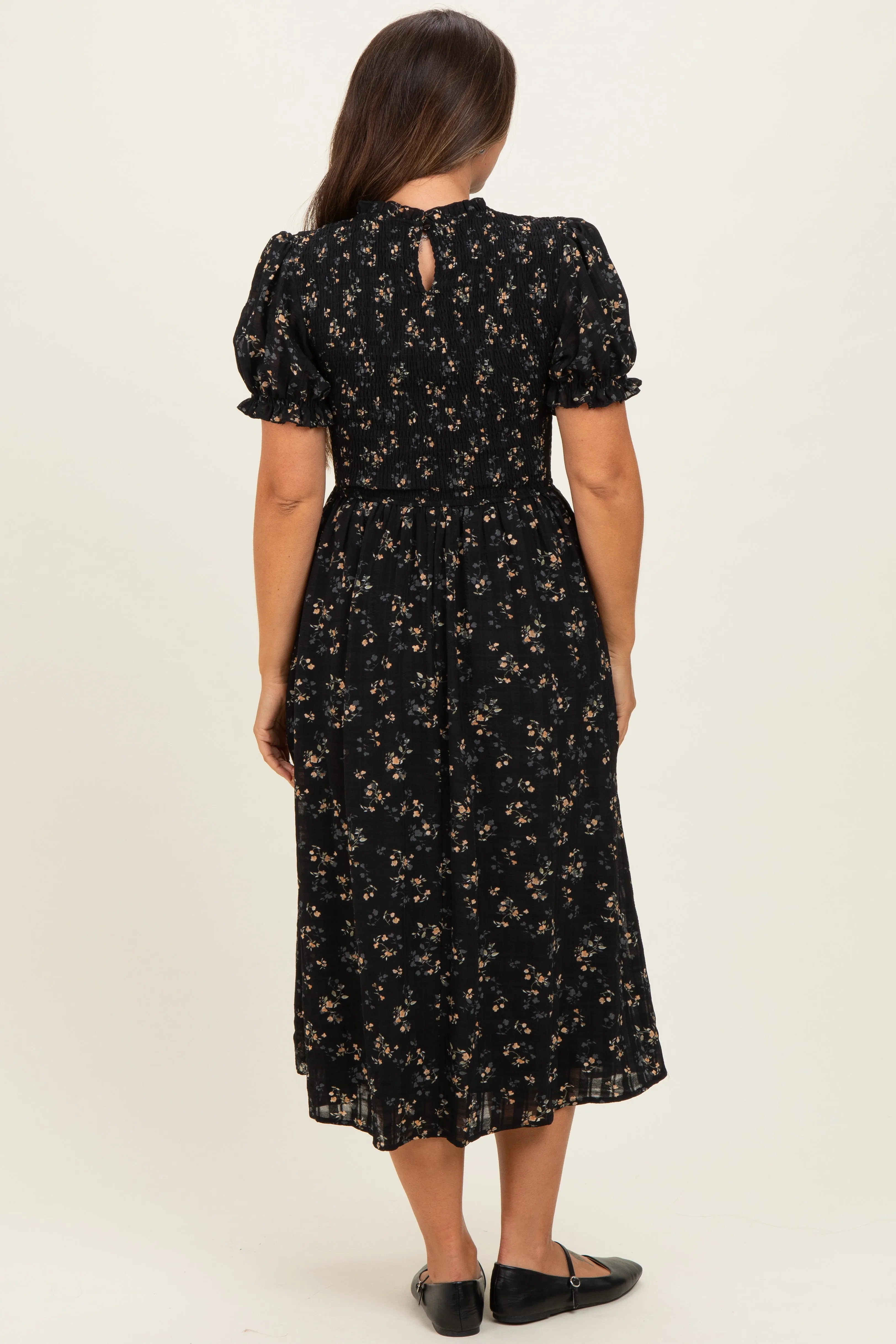 Black Floral Smocked Maternity Midi Dress sold by Pinkblush product image thumbnail 3