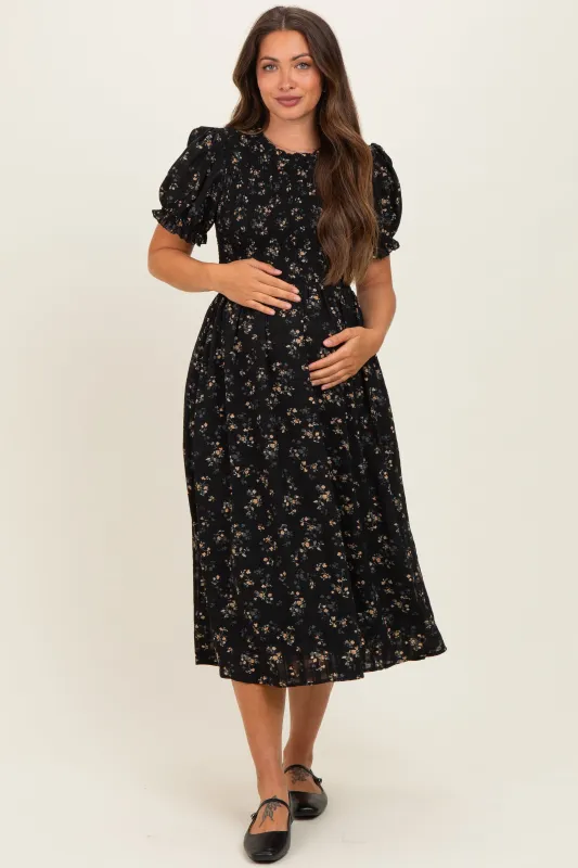 Black Floral Smocked Maternity Midi Dress made by Pinkblush
