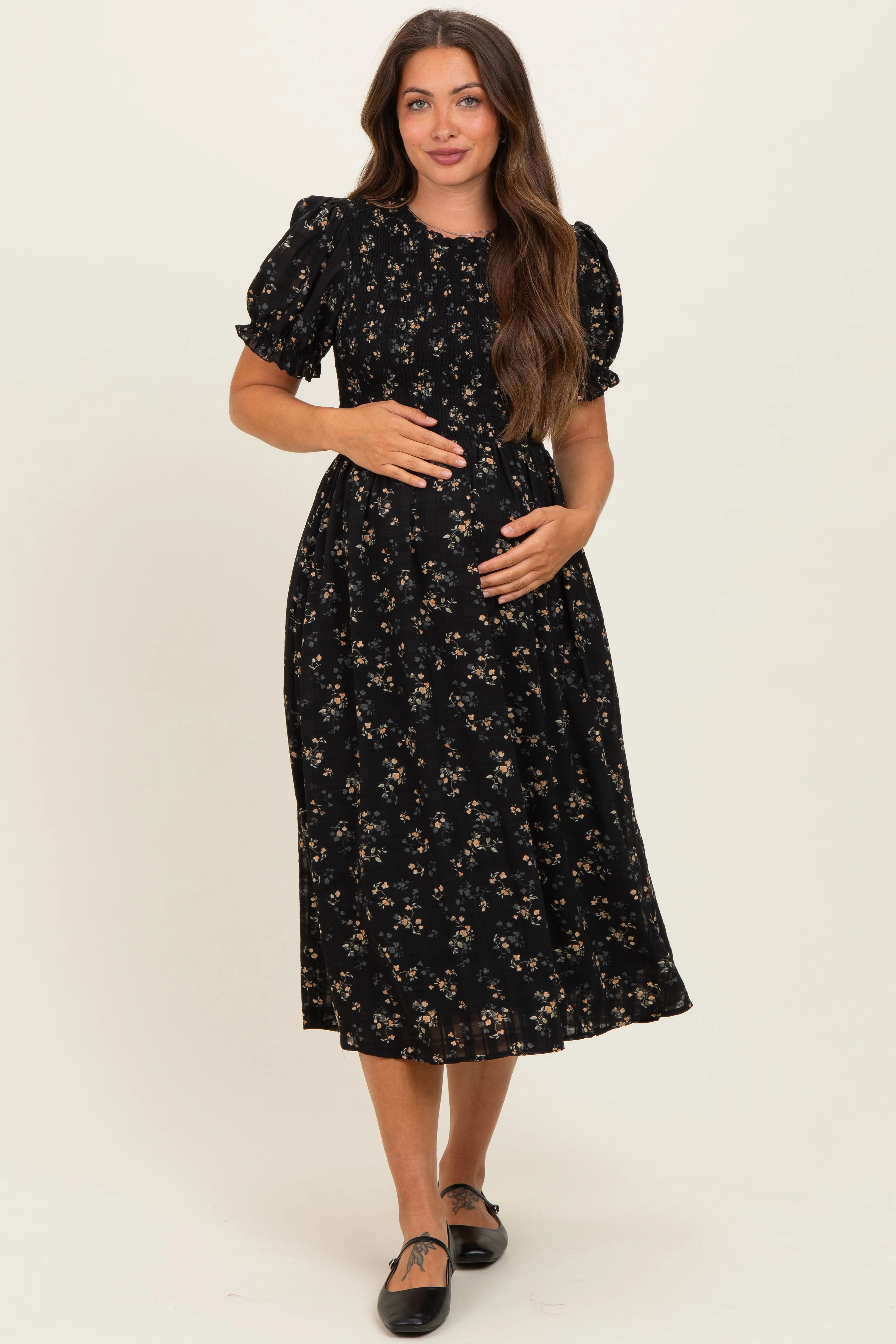 Black Floral Smocked Maternity Midi Dress sold by Pinkblush