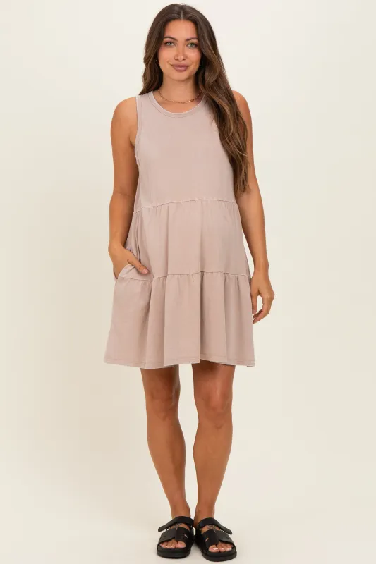 Dark Taupe Sleeveless Crewneck Tiered Maternity Mini Dress made by HYFVE