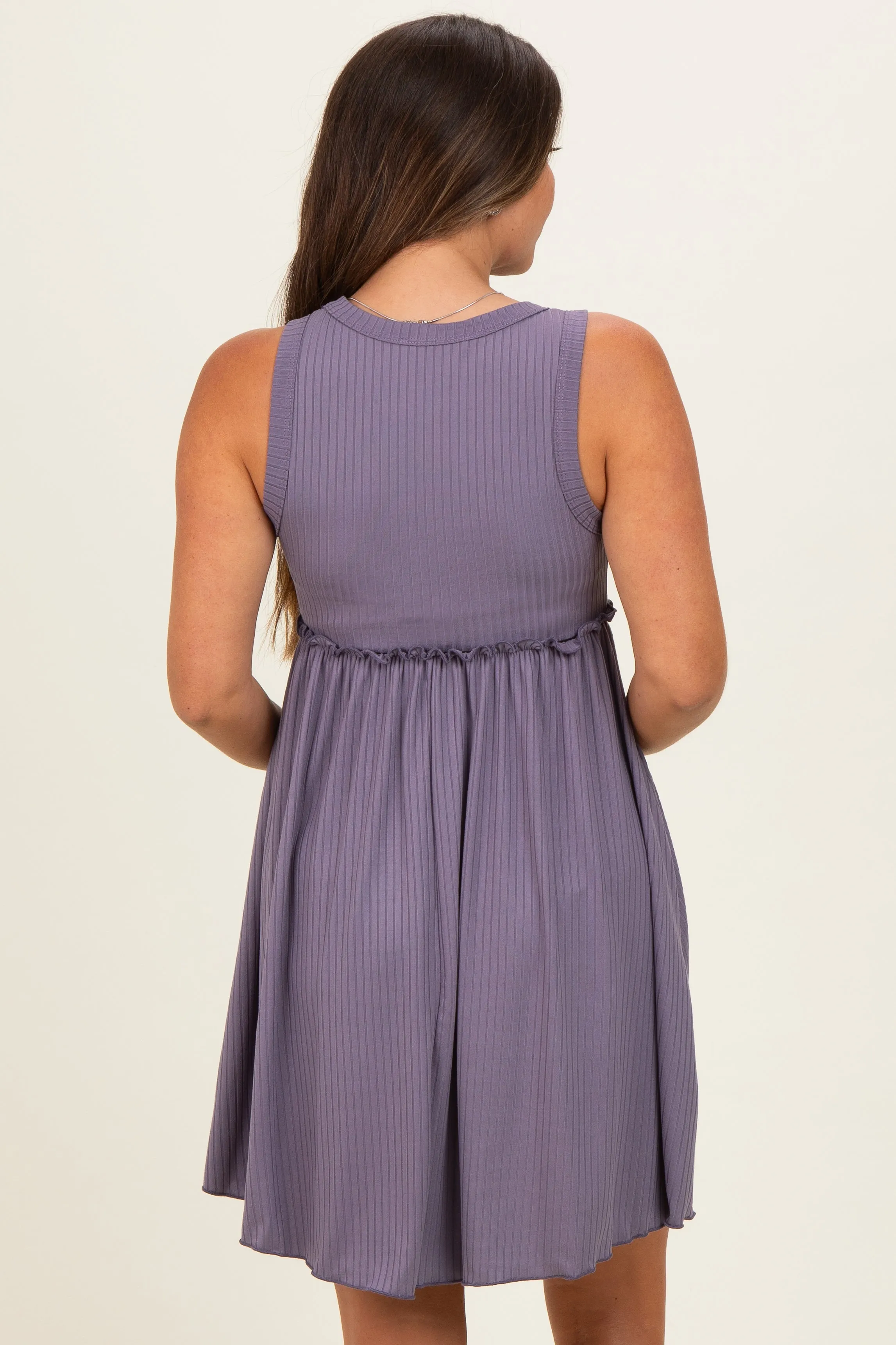 Lavender Ribbed Sleeveless Lettuce Trim Maternity Mini Dress sold by Pinkblush product image thumbnail 4