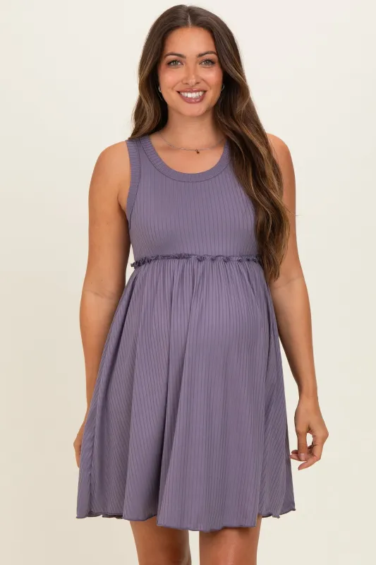 Lavender Ribbed Sleeveless Lettuce Trim Maternity Mini Dress made by Pinkblush