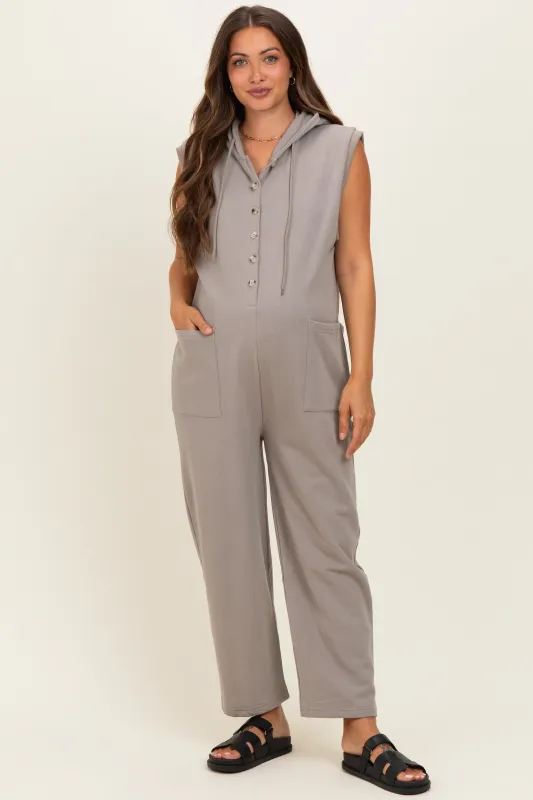 Vintage Taupe Button Up French Terry Maternity Jumpsuit made by BiBi