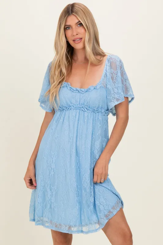 Light Blue Floral Lace Square Neck Ruffle Trim Maxi Dress made by Pinkblush
