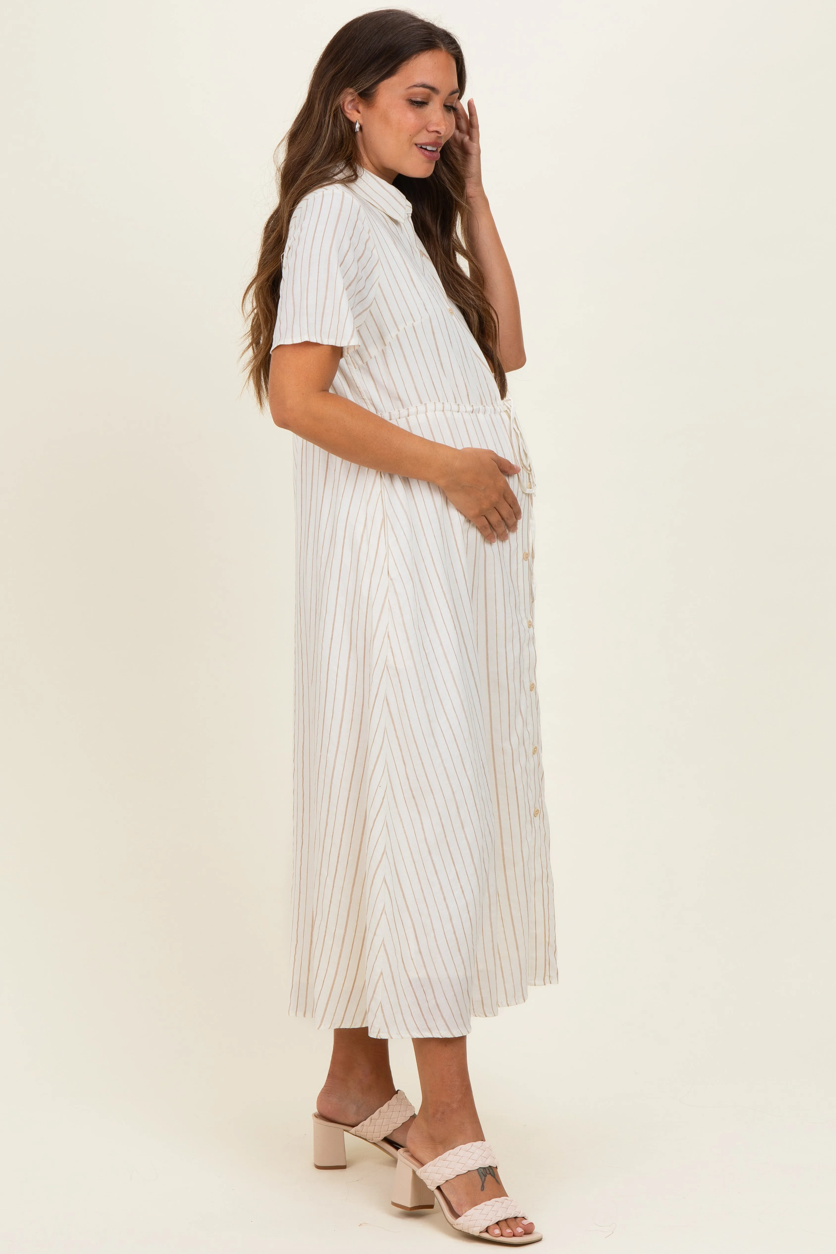 Ivory Striped Waist Tie Maternity Shirt Dress sold by Pinkblush product image thumbnail 2