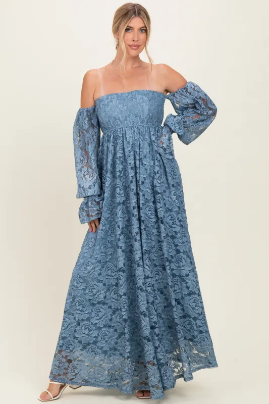 Blue Lace Off Shoulder Long Sleeve Maxi Dress made by Pinkblush