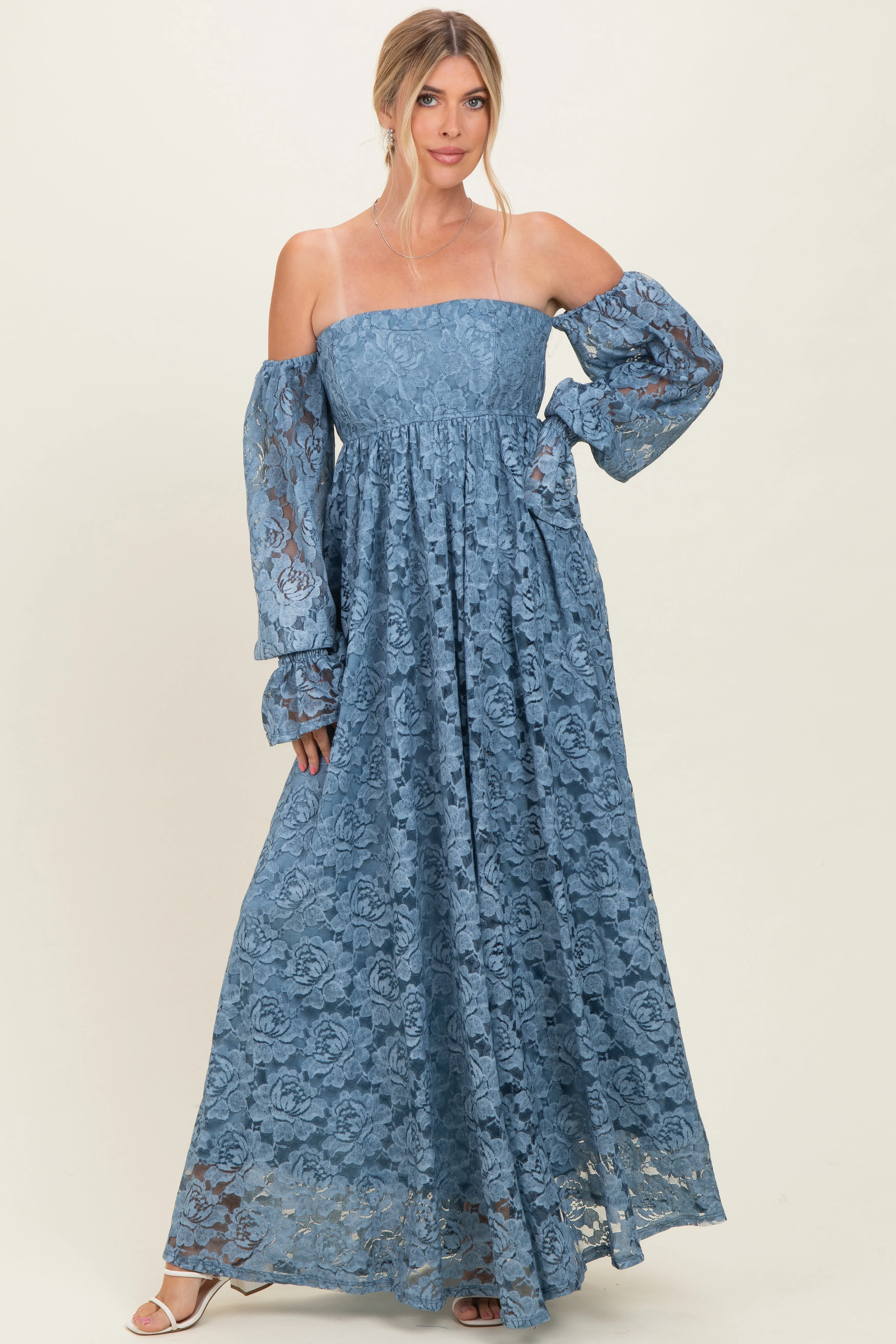 Blue Lace Off Shoulder Long Sleeve Maxi Dress sold by Pinkblush