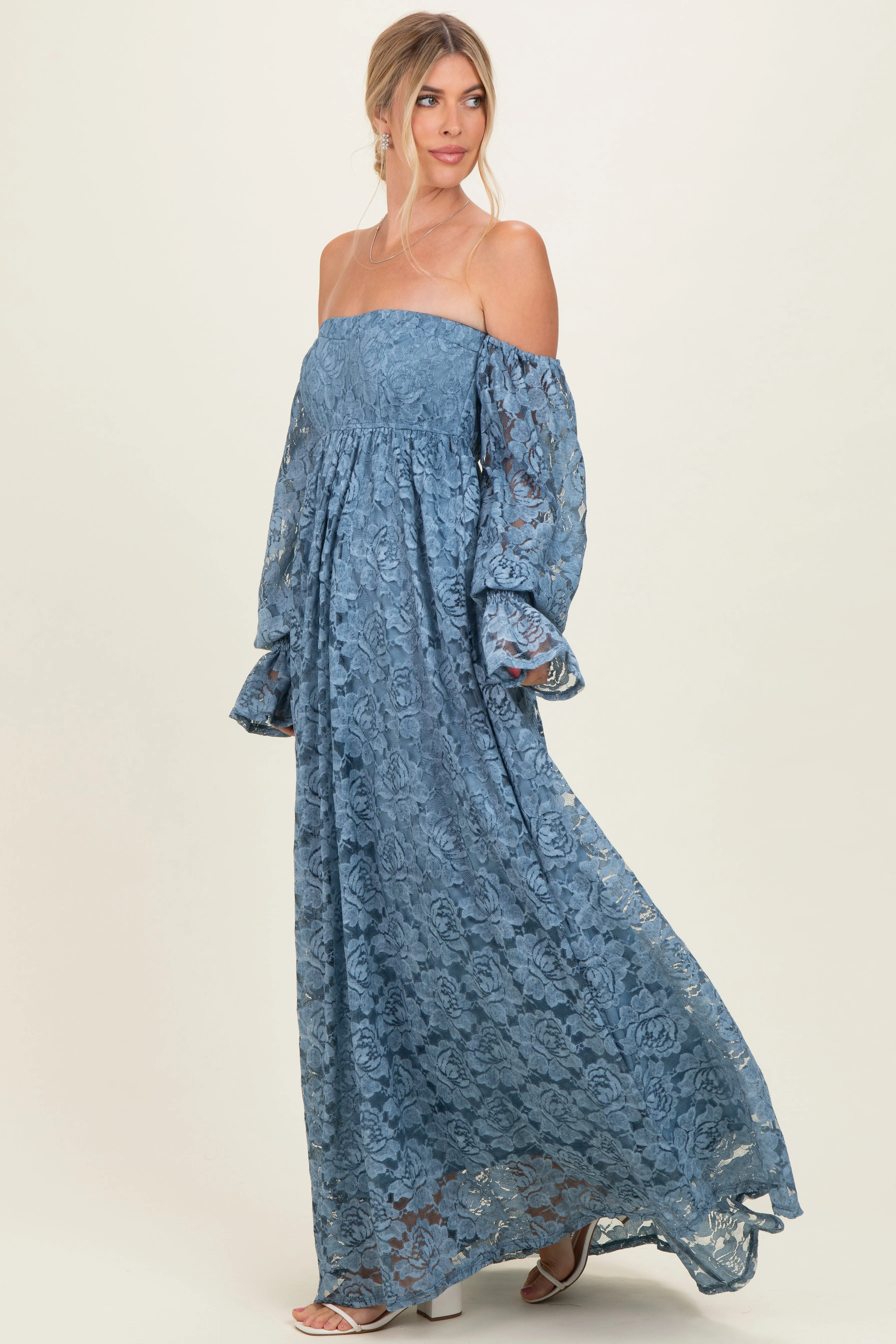 Blue Lace Off Shoulder Long Sleeve Maxi Dress sold by Pinkblush product image thumbnail 2