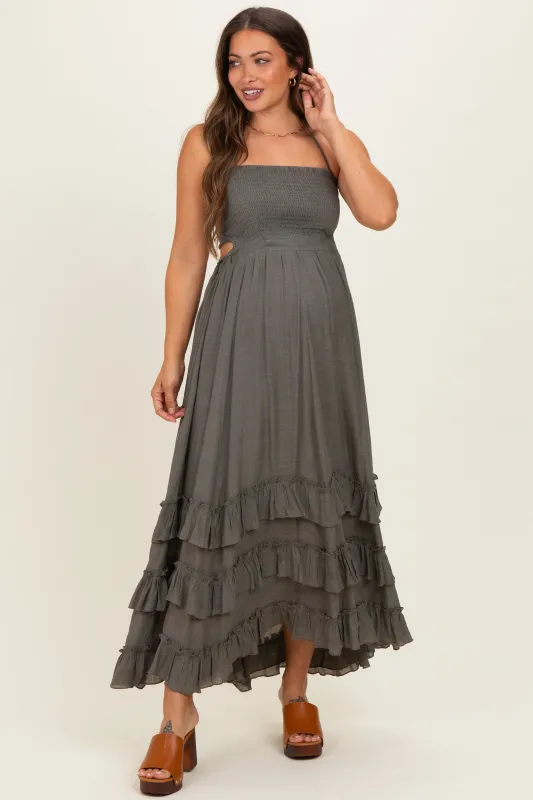 Olive Halter Smocked Ruffle Tier Hem Maternity Maxi Dress made by Pinkblush