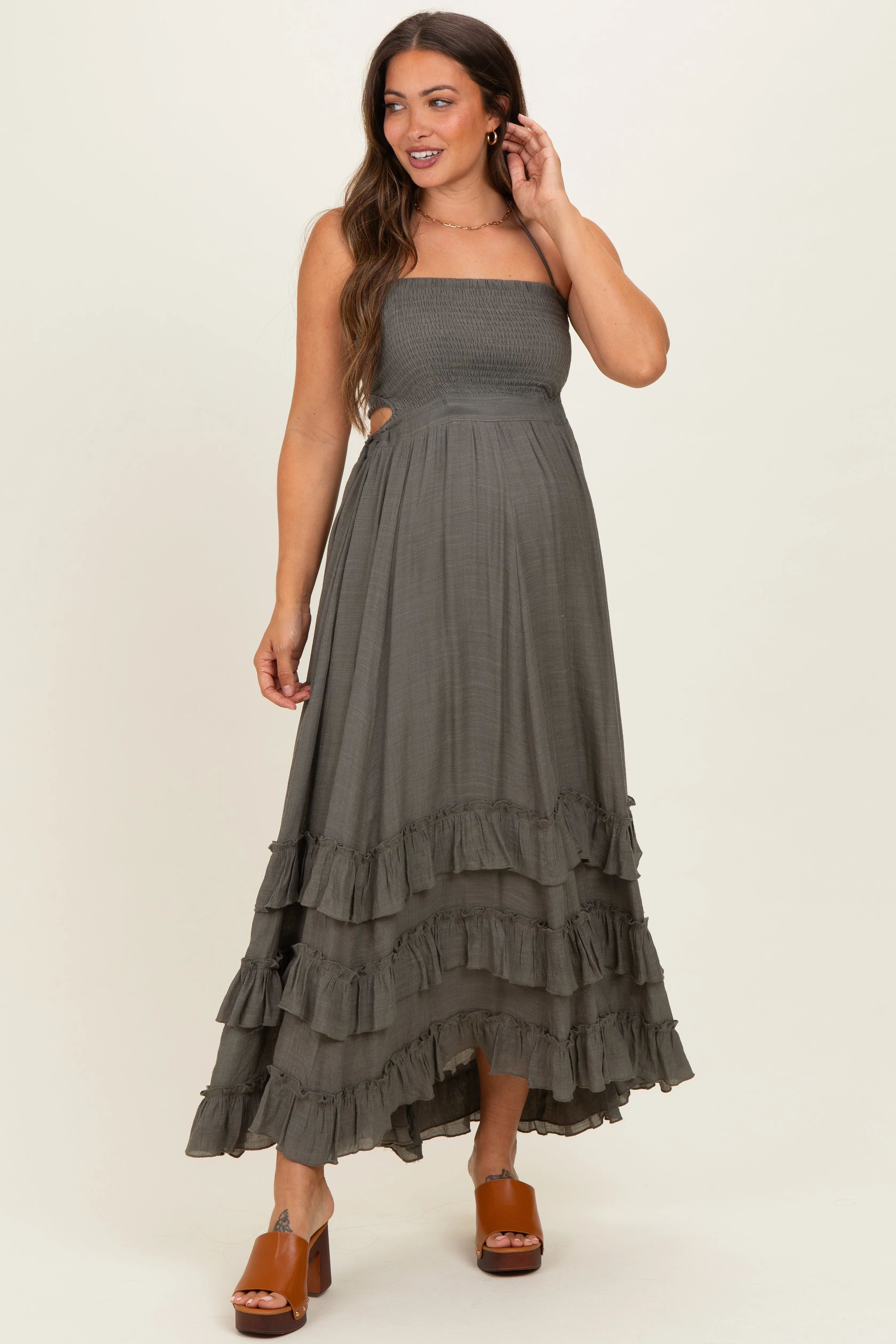 Olive Halter Smocked Ruffle Tier Hem Maternity Maxi Dress sold by Pinkblush