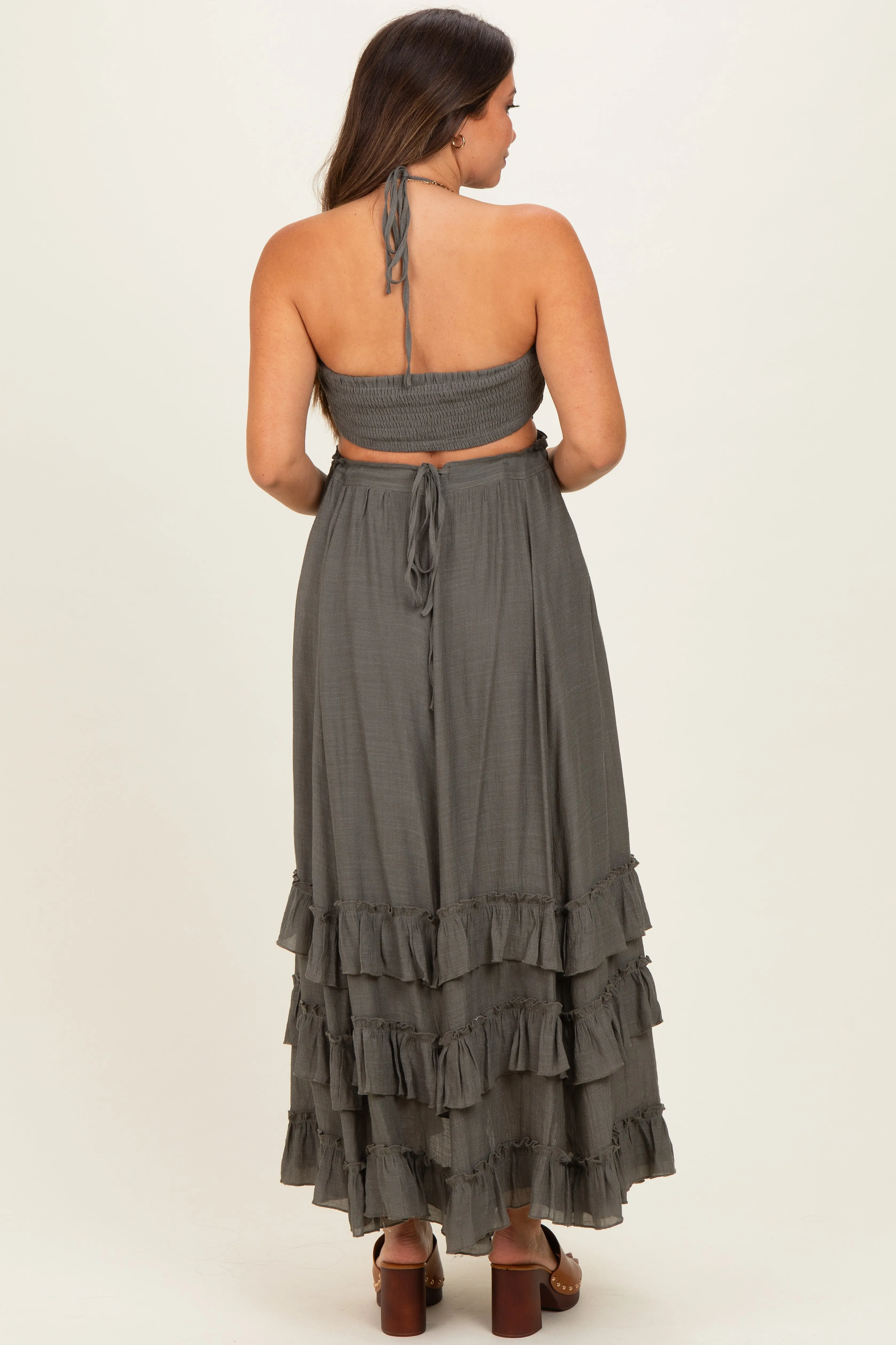 Olive Halter Smocked Ruffle Tier Hem Maternity Maxi Dress sold by Pinkblush product image thumbnail 3