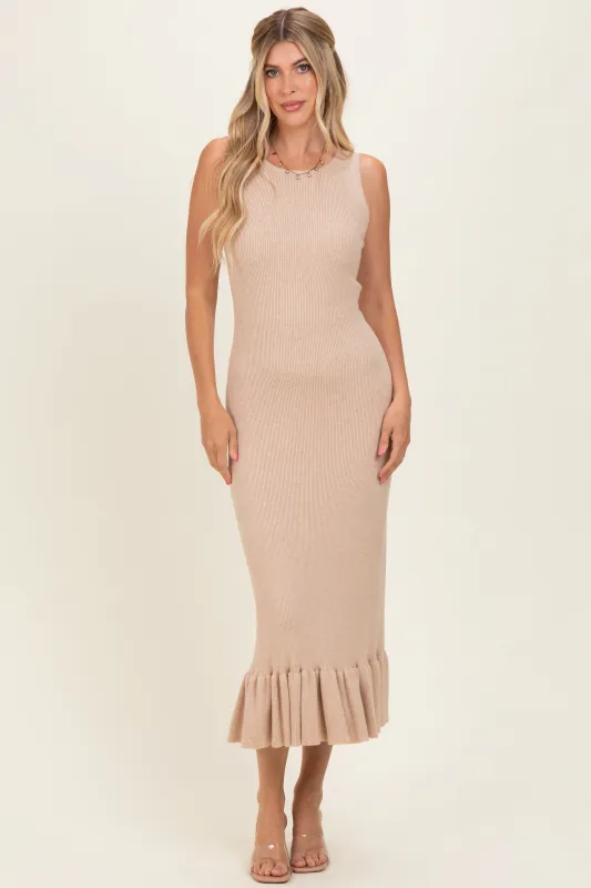 Oatmeal Ribbed Knit Sleeveless Ruffle Hem Maxi Dress made by Able