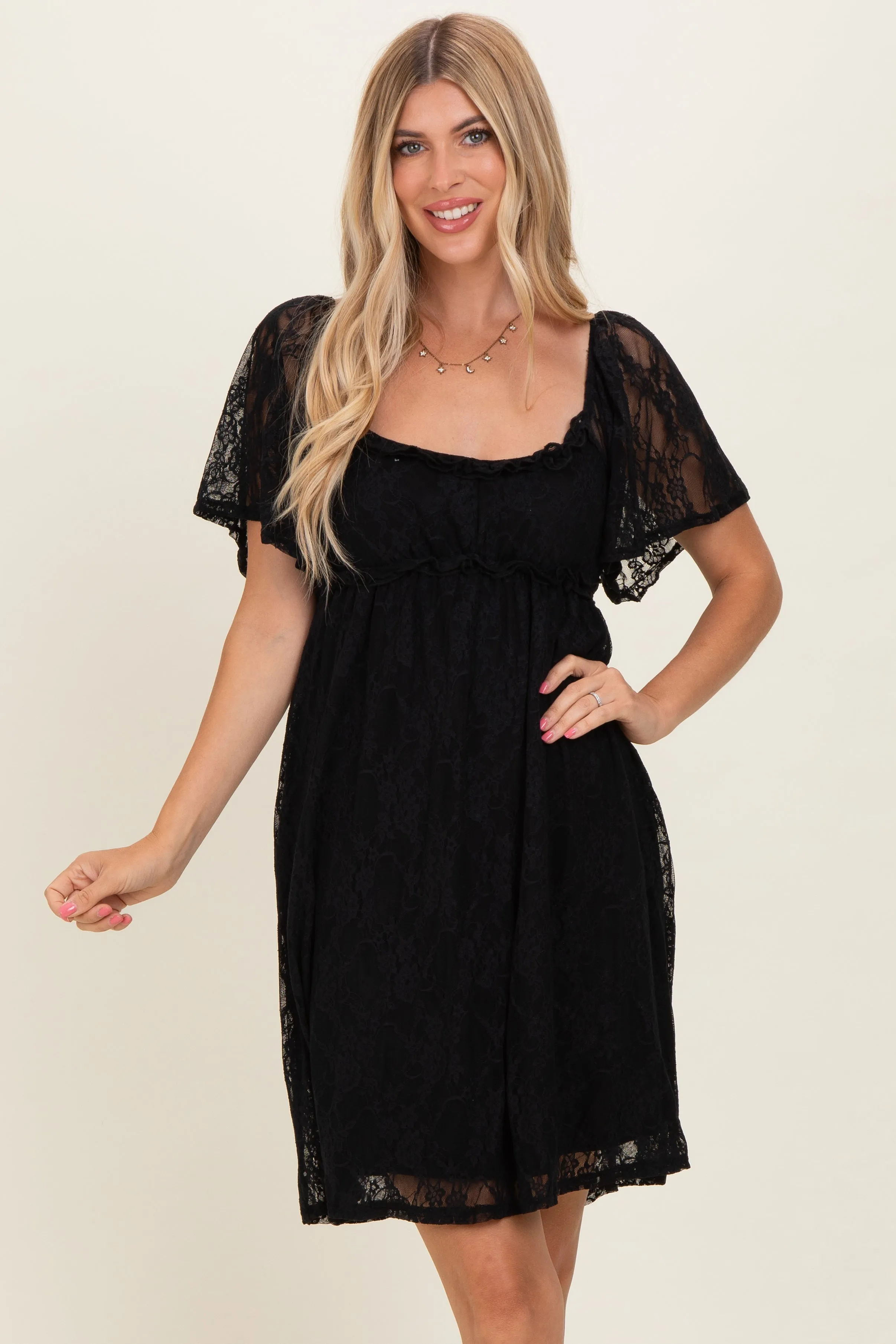 Black Floral Lace Square Neck Ruffle Trim Maxi Dress sold by Pinkblush product image thumbnail 2