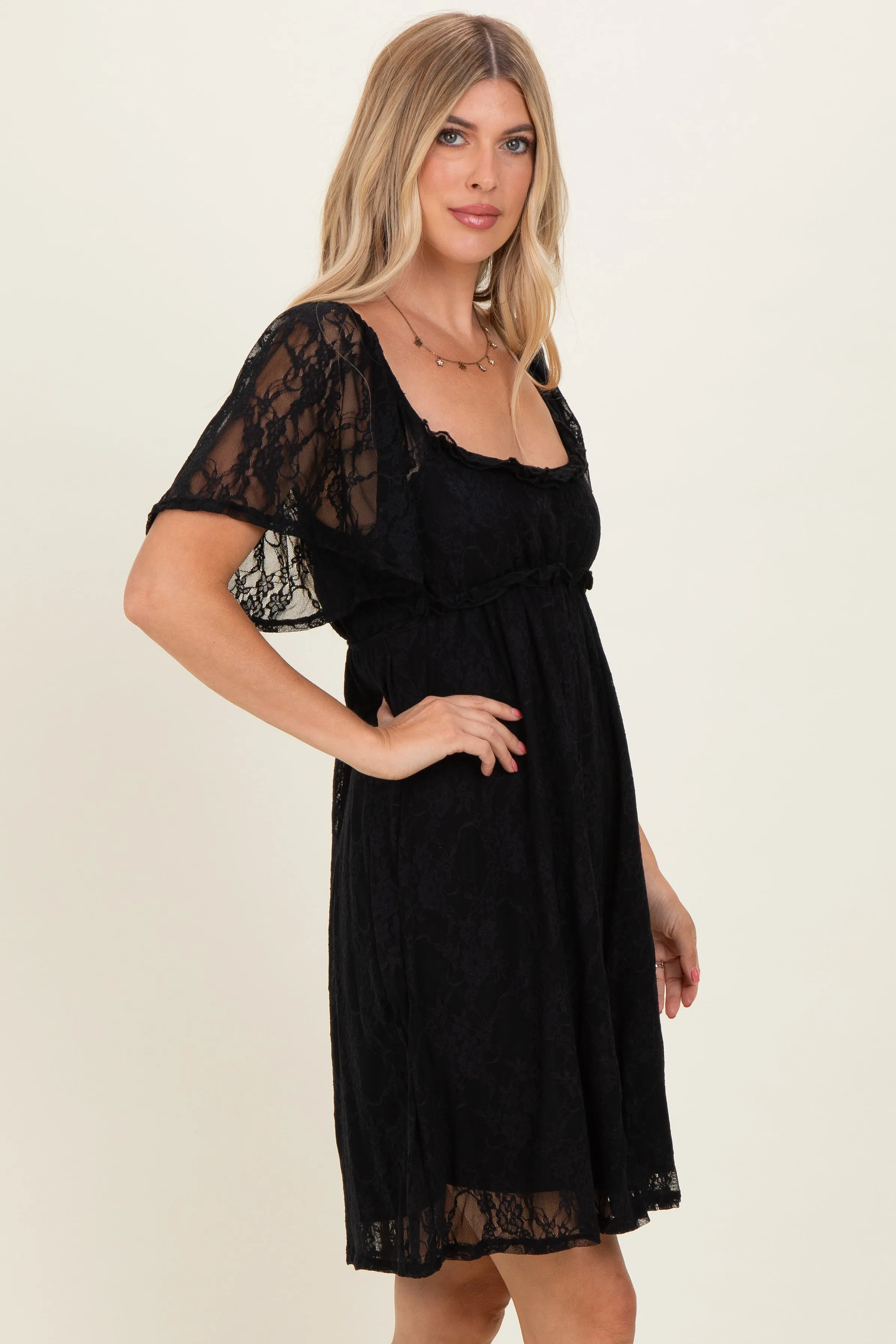 Black Floral Lace Square Neck Ruffle Trim Maxi Dress sold by Pinkblush product image thumbnail 3