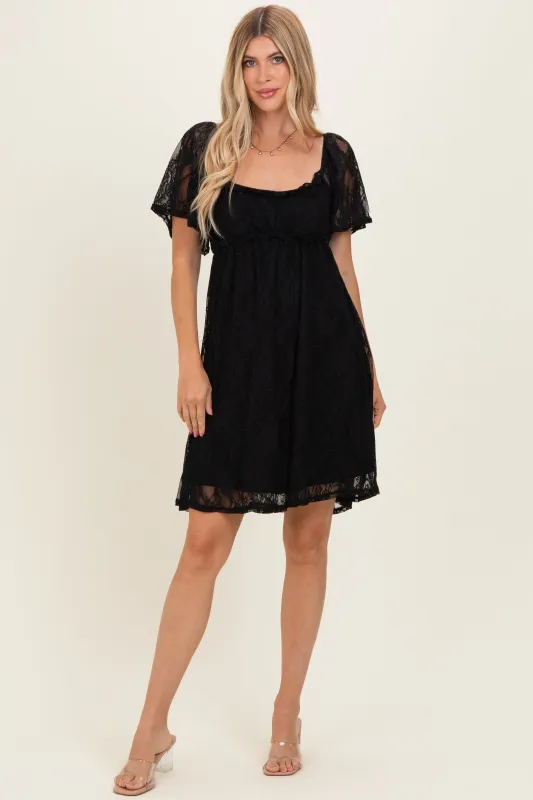 Black Floral Lace Square Neck Ruffle Trim Maxi Dress made by Pinkblush