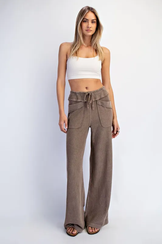 Mocha Mineral Wash Waffle Knit Wide Leg Pants made by Rae Mode