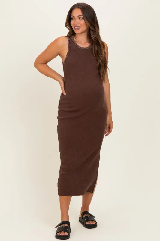 Brown Acid Washed Ribbed Maternity Midi Tank Dress made by HYFVE
