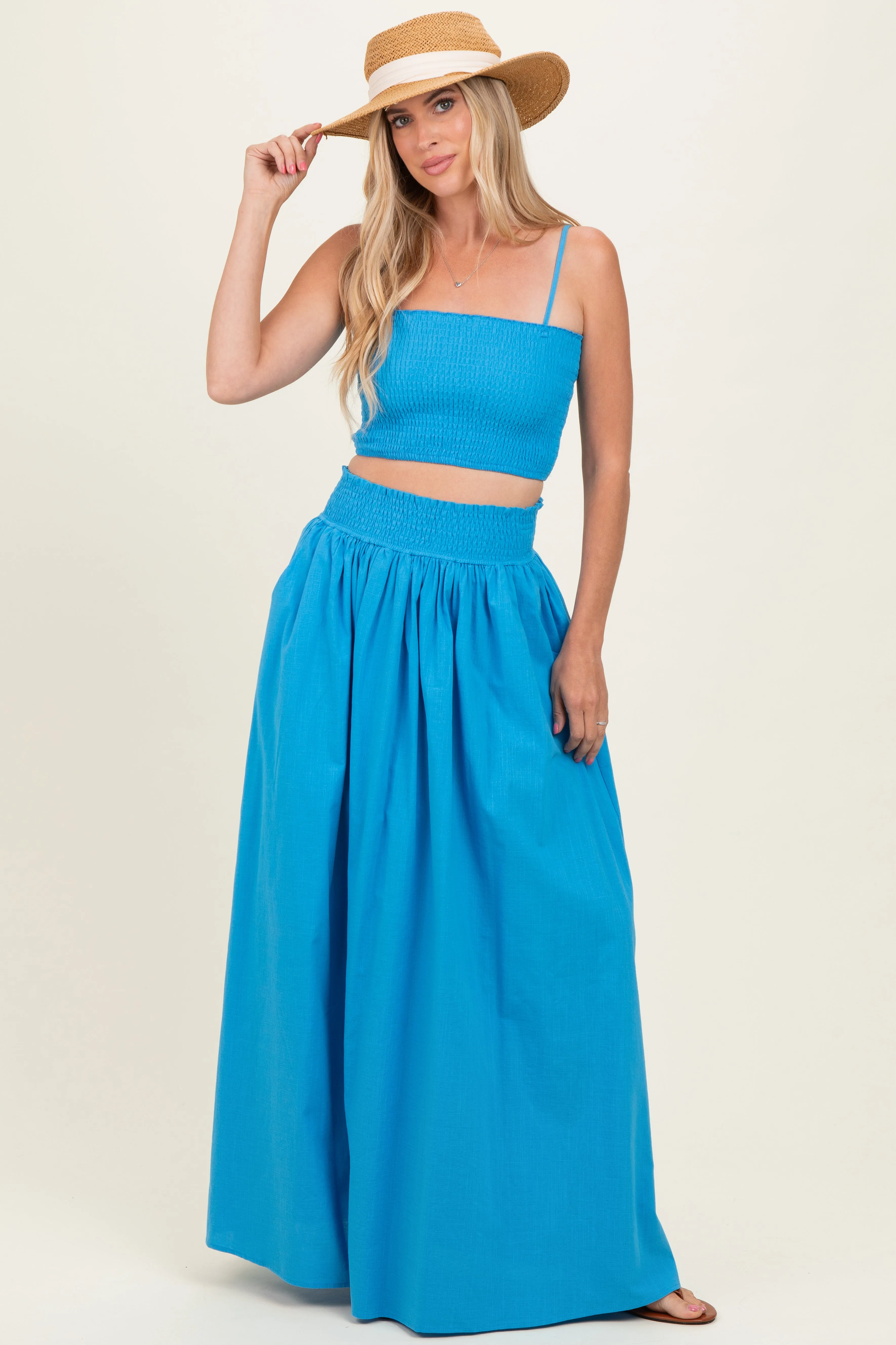 Blue Smocked Tank Maxi Skirt Set sold by Pinkblush