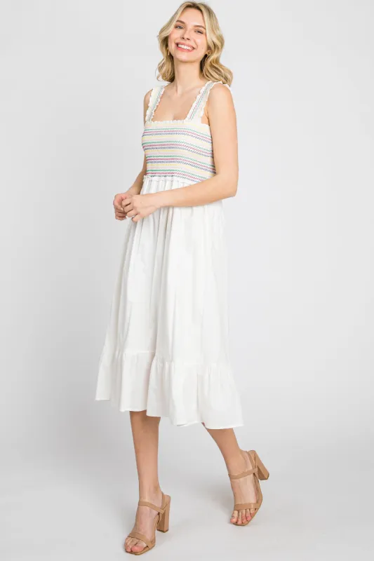 White Embroidered Smocked Midi Dress sold by Pinkblush